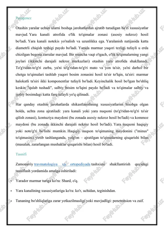 lar mavjud. yara kanali atrofida o'lik to'qimalar zonasi (asosiy nekroz) hosil bo'ladi. yara kanali notekis yo'nalish va uzunlikka ega. yaralanish natijasida katta diametrli chiqish teshigi paydo bo'ladi. yarada marmar yuqori tezligi tufayli u erda chizilgan begona zarralar mavjud. bir muncha vaqt o'tgach, o'lik to'qimalarning yangi joylari (ikkinchi darajali nekroz markazlari) otashin yara atrofida shakllanadi. to'g'ridan-to'g'ri zarba, ya'ni to'g'ridan-to'g'ri mato va yon ta'sir, ya'ni darhol bir chetga to'qimalari tashlab yuqori bosim zonasini hosil ta'sir to'lqin, ta'siri: marmar halokatli ta'siri ikki komponentlar tufayli bo'ladi. keyinchalik hosil bo'lgan bo'shliq keskin "qulab tushadi", salbiy bosim to'lqini paydo bo'ladi va to'qimalar salbiy va ijobiy bosimdagi katta farq tufayli yo'q qilinadi. har qanday otashin jarohatlarda shikastlanishning xususiyatlarini hisobga olgan holda, uchta zona ajratiladi: yara kanali yoki yara nuqsoni (to'g'ridan-to'g'ri ta'sir qilish zonasi), kontuziya maydoni (bu zonada asosiy nekroz hosil bo'ladi) va kommoz maydoni (bu zonada ikkinchi darajali nekroz hosil bo'ladi). yara nuqsoni haqiqiy yoki noto'g'ri bo'lishi …