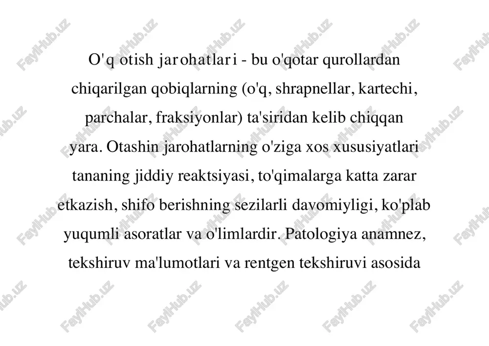 cina.ru/treatment/consultation-traumatology/traumatologist https://www.krasotaimedicina.ru/treatment/consultation-traumatology/traumatologist https://www.krasotaimedicina.ru/treatment/consultation-traumatology/traumatologist https://www.krasotaimedicina.ru/treatment/consultation-traumatology/traumatologist https://www.krasotaimedicina.ru/treatment/consultation-traumatology/traumatologist https://www.krasotaimedicina.ru/treatment/consultation-neurology/neurosurgeon sabablari qurol-yarog'lar urush paytida jarohatlarning asosiy turi hisoblanadi. tinchlik davrida nisbatan kam uchraydi va jinoiy hodisalar yoki ovda sodir bo'lgan baxtsiz hodisalar natijasida yuzaga kelishi mumkin. patogenez otashin yaralar uchun ularni boshqa jarohatlardan ajratib turadigan ba'zi xususiyatlar mavjud. yara kanali atrofida o'lik to'qimalar zonasi (asosiy nekroz) hosil bo'ladi. yara kanali notekis yo'nalish va uzunlikka ega. yaralanish natijasida katta diametrli chiqish teshigi paydo bo'ladi. yarada marmar yuqori tezligi tufayli u erda chizilgan begona zarralar mavjud. bir muncha vaqt o'tgach, o'lik to'qimalarning yangi joylari (ikkinchi darajali nekroz markazlari) otashin yara atrofida shakllanadi. to'g'ridan-to'g'ri zarba, ya'ni to'g'ridan-to'g'ri mato va yon ta'sir, ya'ni darhol bir chetga to'qimalari tashlab yuqori bosim zonasini hosil ta'sir to'lqin, ta'siri: marmar halokatli ta'siri ikki komponentlar tufayli bo'ladi. keyinchalik hosil bo'lgan bo'shliq keskin "qulab tushadi", salbiy bosim to'lqini paydo bo'ladi va to'qimalar salbiy va ijobiy bosimdagi katta farq tufayli yo'q qilinadi. har qanday otashin …