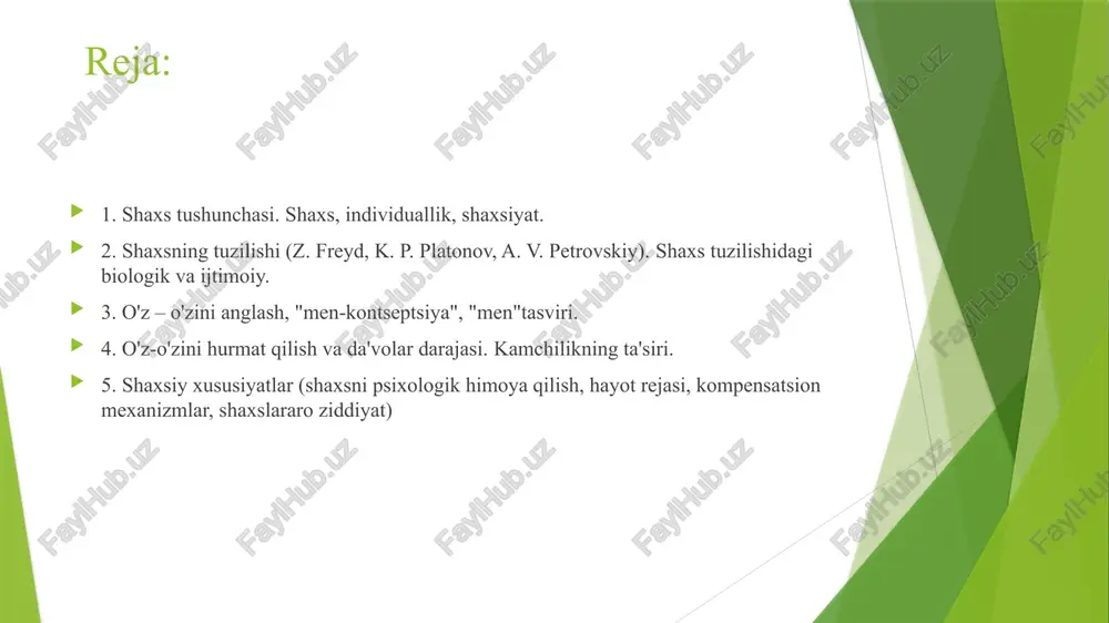 hovini tavsiflovchi tizimli (ijtimoiy) sifat. psixologlar har bir inson shaxsmi yoki yo'qmi deb bahslashadilar. ikki nuqtai nazar mavjud: 1) har bir inson shaxsdir, lekin shaxs ijtimoiy ahamiyatga ega bo'lishi mumkin yoki u asotsial bo'lishi mumkin (jinoyatchi). bola hali shaxs emas, lekin kelajakda u shaxsga aylanadi. 2) a. n. leontyevning so'zlariga ko'ra, shaxs ikki marta tug'iladi: birinchi marta uch yoshli bola: "men o'zimman" shiorini qo'yganida; ikkinchi marta (yoki tug'ilmasligi mumkin!), ongli shaxs o'z e'tiqodlari, dunyoqarashi bilan paydo bo'lganda (16 yoshida). shaxsning tuzilishi. shaxs tuzilishidagi biologik va ijtimoiy. shaxsiyat tuzilishining bir nechta variantlarini ko'rib chiqing. z. freydga ko'ra shaxsning tuzilishi uchta komponentni o'z ichiga oladi: * id (it) – shaxsning ibtidoiy, instinktiv va tug'ma jihatlari; lazzatlanish printsipiga bo'ysungan holda ongsiz ravishda ishlaydi. * ego (i) – ong, qaror qabul qilish uchun mas'ul bo'lgan aqliy apparatning tarkibiy qismi. * superego – super) - axloqiy nazorat, jamiyat normalari. ego vazifasi id va superego o'rtasidagi …