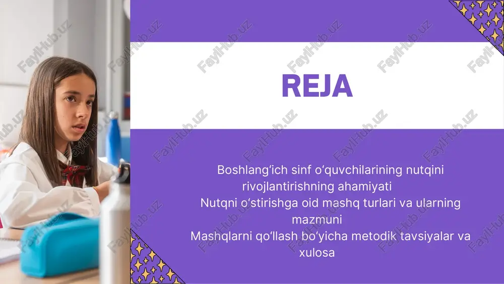hiradi, ravon va ifodali nutqni shakllantiradi, muloqot madaniyatini tarbiyalaydi. 3. mashqlarni qo‘llash bo‘yicha metodik tavsiyalar va xulosa boshlang‘ich sinf o‘quvchilarining nutqini o‘stirish mashqlari samarali bo‘lishi uchun quyidagilarga e’tibor berish kerak: mashqlarni o‘quvchilarning yosh va individual xususiyatlariga moslab tanlash. dars jarayonida o‘yin, rasm, audio va qisqa video kabi ko‘rgazmali vositalardan foydalanish. har bir mashqdan so‘ng o‘quvchilar nutqini baholash: talaffuz, lug‘at boyligi, gap tuzish qobiliyati va ravonlikka e’tibor qaratish. guruhli va juftlik ishlari orqali o‘quvchilarning muloqot ko‘nikmasini rivojlantirish. yozma va og‘zaki mashqlarni uyg‘un qo‘llash, o‘quvchilarga o‘z fikrini mustaqil ifodalash imkonini berish. nutq o‘stirish mashqlari bolalarning tafakkuri, ijodkorligi va muloqot madaniyatini rivojlantiradi. mashqlarni tizimli va bosqichma-bosqich qo‘llash orqali o‘quvchilar nutqini samarali rivojlantirish mumkin boshlang‘ich sinf o‘quvchilarining nutqini rivojlantirish jarayonida mashqlardan to‘g‘ri foydalanish o‘qituvchidan puxta tayyorgarlik va ijodkorlikni talab qiladi. quyidagi tavsiyalar foydali bo‘lishi mumkin: bosqichma-bosqichlik tamoyili – mashqlar oddiydan murakkabga qarab tanlanishi, avval sodda gaplar, keyin matnli hikoyalar ishlatilishi kerak. ko‘rgazmalilik – rasm, …