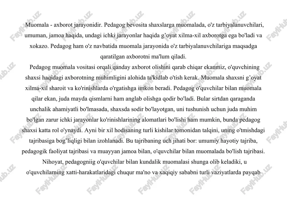 irlashtiruvchi, o'rnini to'ldiruvchi vazifasini ham bajaradi. muomala o'zaro munosabatlar doirasida sodir bo'ladi. boshqarish vositasi bo'lgan muomala o'quvchilarning faoliyatiga hamrohlik qiladi nihoyat, boshqarish vositasi bo'lgan muomala faoliyatidan keyin boradi. muomala - axloq ko'rki sanaladi. har bir kishining qanday dunyoqarashga egaligi, bilimliligi uning muomalasidan ma'lum bo'ladi. muomala - insonlar o'rtasidagi o'zaro aloqa vositalaridir. muomalada asosiy vosita til hisoblanadi. shuning uchun ham til - aloqa quroli deyiladi. insonning tili shirin, muomalasi madaniyatli bo'lsa, qisqa vaqt ichida xalq orasida obro'-e'tibor topadi. so'zga chechanlik, hech qachon kishiga obro' keltirmaydi. shuning uchun ham o'tmishda yashab o'tgan mutafakkirlarimiz tilga, so'zga hurmat bilan yondashishlarini uqtirib o'tganlar. ulug’ bobomiz alisher navoiy muomala madadiyati, xushmuomalalik, tilning ahamiyati to'g’risida, shirinso'zlik haqida purhikmat fikrlar bayon qilganki, bugungi kunimiz uchun ham o'z ahamiyatini yo'qotgan emas. «til shirinligi ko'ngilga yoqimlidir, muloyimligi esa - foydali. shirin so'z sof ko’ngillar uchun asal kabi totlidir», - deydi alisher navoiy. pedagog bolalarga bilim berish uchun bir qatorda ular …