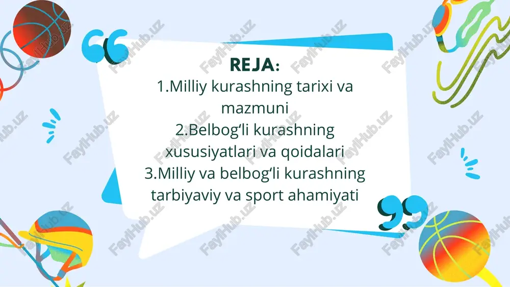 ik va tezkor harakatlarni talab qiladi.musobaqa tartibi va qoidalari. belbogʻli kurash musobaqalari odatda gilam yoki maydonda o‘tkaziladi. raqibni yelkasi bilan yerga tekkizgan kurashchi g‘olib hisoblanadi. qoidalarga ko‘ra, qo‘pollik qilish, raqibni urish yoki taqiqlangan usullardan foydalanish man etiladi.kurashchilarning tayyorgarligi. belbogʻli kurash bilan shug‘ullanuvchilar kuch, chidamlilik, chaqqonlik, muvozanatni saqlash hamda ruhiy barqarorlikni rivojlantirishlari zarur. bundan tashqari, kurashchilar halollik, mardlik va raqibga hurmat ko‘rsatish kabi axloqiy qoidalarga rioya qilishlari shart.demak, belbogʻli kurashning asosiy xususiyati shundaki, unda belbog‘ asosiy tayanch bo‘lib xizmat qiladi va u kurashchilarni mahorat, epchillik hamda kuchni uyg‘unlashtirishga o‘rgatadi 3. milliy va belbogʻli kurashning tarbiyaviy va sport ahamiyati milliy va belbogʻli kurash nafaqat sport turi, balki yosh avlod tarbiyasida muhim ahamiyatga ega bo‘lgan qadriyatdir.yoshlar tarbiyasida tutgan o‘rni. kurash yoshlarni jasoratli, sabrli, halol va qat’iyatli bo‘lishga o‘rgatadi. u o‘zbek xalqining qadimiy an’analarini davom ettirib, milliy g‘urur va vatanparvarlik tuyg‘ularini kuchaytiradi.sog‘lom turmush tarzini shakllantirishdagi roli. kurash bilan shug‘ullanish insonning jismoniy rivojlanishini ta’minlaydi, sog‘liqni …