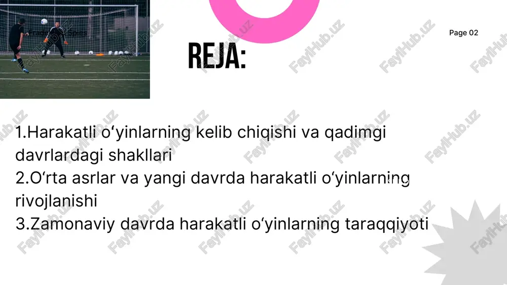 otida muhim rol o‘ynagan. fradel and spies page 04 weight management 3. zamonaviy davrda harakatli o‘yinlarning taraqqiyoti zamonaviy davrda harakatli o‘yinlar jismoniy tarbiya va sport tizimining muhim qismi sifatida shakllandi. ular maktab darslarida, sport mashg‘ulotlarida va sog‘lomlashtirish dasturlarida keng qo‘llanilmoqda. o‘yinlarning asosiy vazifalari — bolalar va yoshlarni jismonan chiniqtirish, sog‘lom turmush tarziga o‘rgatish, jamoada ishlash, do‘stlik va hamkorlikni mustahkamlashdir. bugungi kunda milliy o‘yinlar xalqaro miqyosda ham tan olinmoqda. masalan, kurash, ot o‘yinlari va boshqa milliy sport turlari xalqaro musobaqalarga kiritildi. bundan tashqari, zamonaviy sport o‘yinlari (futbol, basketbol, voleybol va b.) ham butun dunyoda eng ommabop harakatli o‘yinlar sirasiga kiradi. 👉 xulosa qilib aytganda, hozirgi davrda harakatli o‘yinlar nafaqat milliy qadriyat sifatida, balki sport va sog‘lomlashtirish vositasi sifatida keng rivojlanmoqda fradel and spies page 05 xulosa harakatli o‘yinlar insoniyat tarixi davomida xalqning turmush tarzi, urf-odatlari va madaniyati bilan uzviy bog‘liq holda rivojlanib kelgan. qadimda ular mehnat va ovchilik faoliyatidan kelib chiqqan …