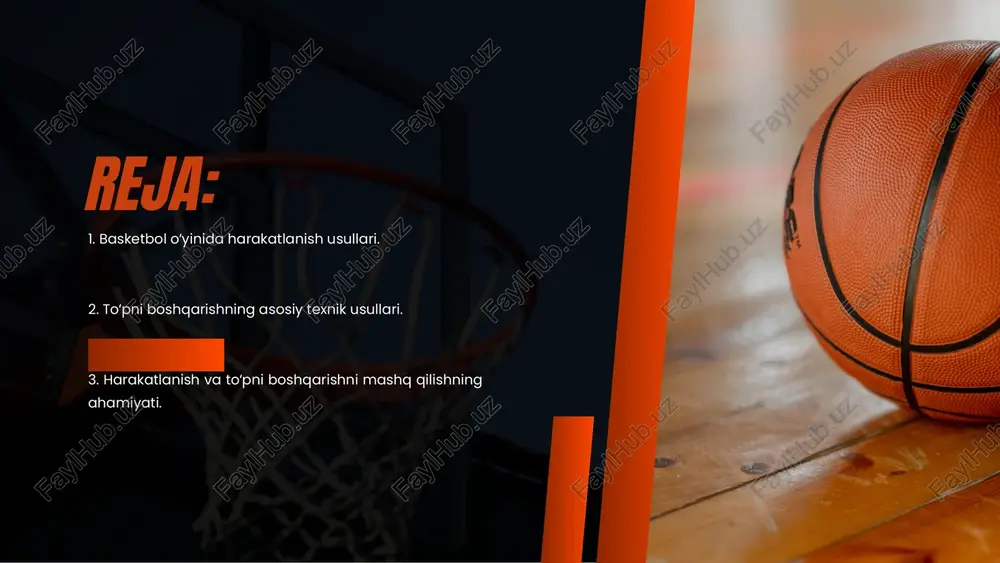 a. basketbolchi to‘pni ichki va tashqi dribling bilan olib yurishi, zarurat tug‘ilganda esa keskin yo‘nalishni o‘zgartirishi kerak. bundan tashqari, yuqoridan va pastdan beriladigan paslar, hamda uzoq masofaga aniq uzatmalar ham o‘yinchidan ko‘nikma talab qiladi. to‘pni yaxshi boshqara oladigan basketbolchi hujumni samarali uyushtiradi, himoyada esa raqibdan ustunlikka erishadi. shu bois to‘pni boshqarish texnikasini o‘rganish va mashq qilish har bir basketbolchi uchun asosiy vazifalardan biridir. 3. harakatlanish va toʻpni boshqarishni mashq qilishning ahamiyati basketbol oʻyinida muvaffaqiyatga erishish uchun o‘yinchi nafaqat to‘g‘ri harakatlanishni, balki to‘pni boshqarishni ham mukammal egallashi lozim. shu sababli bu ikki ko‘nikmani muntazam mashq qilish juda muhimdir. mashg‘ulotlarda turli xil yugurish, sakrash, burilish va yonlama harakat mashqlari bajarilganda o‘yinchining chaqqonligi, tezkorligi va chidamliligi rivojlanadi. to‘pni boshqarish mashqlari esa dribling, pas berish va qabul qilishni mustahkamlaydi. masalan, bir qo‘l bilan, ikki qo‘l bilan yoki tezlikni o‘zgartirib dribling qilish o‘yinchiga raqibni aldash imkonini beradi. pas berish mashqlari jamoaviy o‘yin sifatini oshiradi, chunki …
