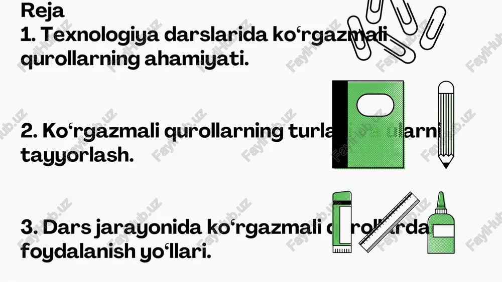 ba’zi qurollarni o‘quvchilar bilan birgalikda tayyorlash ularni dars jarayoniga faol jalb qiladi hamda ijodkorlikni rivojlantiradi. 3. dars jarayonida ko‘rgazmali qurollardan foydalanish yo‘llari texnologiya darslarini samarali o‘tkazishda ko‘rgazmali qurollardan to‘g‘ri foydalanish katta ahamiyatga ega. avvalo, o‘qituvchi dars mavzusiga mos vositalarni tanlaydi va ularni tushuntirish jarayoniga bosqichma-bosqich kiritadi. masalan, yangi mavzuni boshlashda rasmlar yoki videolardan foydalanib, o‘quvchilarda qiziqish uyg‘otish mumkin. dars davomida modellar, sxemalar yoki asbob- uskunalar orqali amaliy ishlar bajariladi, bu esa mavzuni yanada chuqurroq anglashga yordam beradi. har bir bosqichda o‘quvchilarga ko‘rsatilgan qurollarni tushuntirib, savollar berish ularning diqqatini jamlash va mustaqil fikrlashini rivojlantiradi. mashg‘ulot yakunida esa o‘quvchilarga ko‘rgazmali qurollardan foydalangan holda kichik topshiriqlar yoki tajribalar bajarishni topshirish foydali bo‘ladi. shu tarzda dars jarayonida ko‘rgazmali vositalardan foydalanish darsni qiziqarli va samarali qiladi. 3. dars jarayonida ko‘rgazmali qurollardan foydalanish yo‘llari (yana qo‘shimcha) texnologiya darsida ko‘rgazmali qurollardan foydalanganda ularni darsning maqsadi bilan uyg‘unlashtirish muhimdir. har bir mavzu bo‘yicha kerakli vositalarni oldindan tayyorlab qo‘yish …
