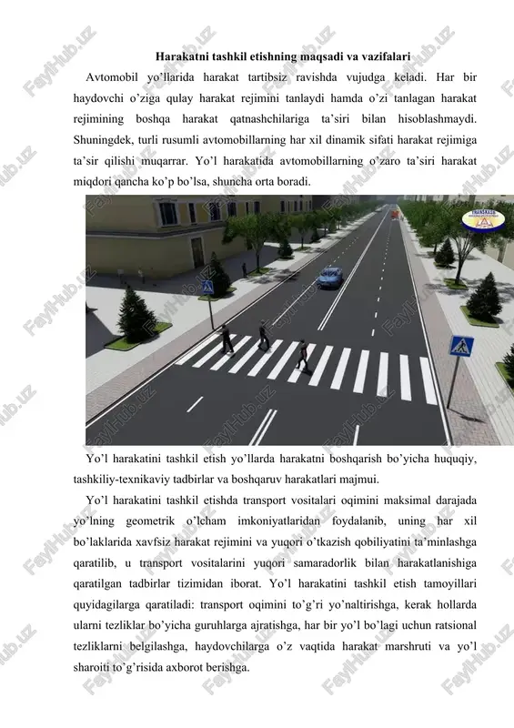 sional ravishda tanlash yordamida erishiladi. yo’l harakatini tashkil etishda ehm yordamida avtobus va trolleybuslarni, shuningdek, yalpi yuk tashuvchi avtomobillarni optimal harakatlanish grafigini to’g’ri tuzish katta ahamiyatga ega. tig’iz soatlarda harakatni tashkil etish maqsadida asosiy magistralning tirband yo’l bo’laklaridagi transport oqimining harakati aylanma yo’llar orqali o’tishga intiladi. harakatlanish tartibini oshirish uchun avtomobil va avtobuslarga ikki tomonlama radio aloqa o’rnatiladi, bu esa harakat grafigini yo’lda nazorat qilish imkonini beradi. yo’l harakatini tashkil etishda quyidagi xujjatlarning ahamiyati katta. «yo’l harakati xavfsizligi to’g’risidagi» o’zbekiston respublikasining qonuni; yo’l harakati qoidasi; transport vositalarining konstruktiv xavfsizlik me’yorlari; yo’l va ko’chalar uchun qurilish me’yorlari va qoidalari, shuningdek, harakat xavfsizligi bo’yicha soha me’yoriy xujjatlari. avtomobil transporti ishini, haydovchi mehnatini, yo’ldagi transport vositalarining va piyodalarning harakatini tashkil etishni bir biridan farqlash lozim. birinchi ikki masala bilan asosan avtokorxonalar, keyingisi bilan esa yo’l xo’jaliklari, davlat avtomobil nazorati organlari va xokimiyat vakillari shug’ullanadi. yuqorida keltirilganlardan kelib, chiqib yo’l harakatini tashkil qilishning asosiy …