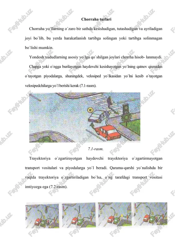 harakatlanayotgan transport vositasining haydovchisi boshqa yo`nalishlardagi transport vositalariga yo`l berishi kerak (7.5-7.6-rasmlar). 7.5-rasm. 7.6-rasm. agar svetofor yoki tartibga soluvchining ishoralari tramvay va relssiz transport vositalariga bir vaqtda harakatlanishga ruxsat bersa, harakatlanish yo`nalishidan qat`iy nazar, tramvay oldin o`tish xuquqiga ega bo`ladi (7.7-rasm). svetoforning ruxsat etuvchi ishorasida chorrahaga kirgan haydovchi, undan chiqishdagi svetofor ishorasidan qat`iy nazar, belgilangan yo`nalishda harakatni davom ettirishi kerak. biroq, chorrahada haydovchining yuradigan yo`lida joylashgan svetoforlar oldida to`xtash chiziqlari (yoki 5.33 belgisi) bo`lsa, u svetoforning har bir ishorasiga amal qilishi shart (7.8-rasm). 7.8-rasm. o`ngga yoki chapga buripib chorrahadan chiqishdagi svetofor ko`ndalang yo`lda o`rnatilgan svetoforning dublyori bo`lishi mumkin (7.8-rasm). svetoforning harakatlanishga ruxsat beruvchi ishorasi yonganda haydovchi chorraha orqali harakatlanishni tugallayotgan transport vositalari va qatnov qismidan tegishli yo`nalishda o`tishni tugallayotgan piyodalarga yo`l berishi shart (7.9-rasm). 7.9-rasm. tartibga solinmagan chorrahalar transport oqimi zich va serqatnov bo`lmagan yo`llarning kesishmasidagi chorrahalarda harakatlansh tartibini imtiyoz belgilari, ular bo`lmaganida haydovchilarning o`zlari o`zaro yo`lning qoplamasi bor-yopqligiga, chorrahaga …