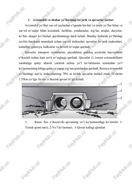 ul qilgan vaqtinchalik va doimiy yuklarni poydevorlar orqali zaminga uzatadi. ko’prikli inshootlarning turlari; ko’prik (2a- rasm), yo’l o’tkazgich (2b-rasm), viaduk (2vrasm), akveduk va estakada (2g- rasm). ko’prik bu avtomobil yo’lining suvli to’siq ustidan o’tuvchi muhandislik inshooti. yo’l o’tkazgich-yo’llarni xar-xil satxlarda kesishuvida quriladigan ko’prikli inshoot. viaduk - o’tish sathi to’siq tubidan baland joylashadigan chuqur jar, dara, quruq soy, jarlik ustidan o’tadigan ko’prik inshooti. viadukning xarakterli tomoni tayanchlarning balandligida (10-100m). akveduk-(nov) - suv o’tkazgich (kanal yoki quvur o’tkazgich) ning bir qismi hisoblanadigan daryo, quruq transport yo’li va boshqalar ustidan o’tadigan ko’prik inshooti estakada- ko’tarma o’rnida, shuningdek estakada osti bo’shlig’ida turli maqsadlar uchun foydalanish zururiyati bo’lganda quriladigan, ko’p oraliqli ko’prik inshooti yoki uning bir bo’lagi. shuningdek estakadalarni yo’lning ko’tarmasi o’rnida, daryo vodiylarga, botqoqliklarga, ko’priklarni va yo’l o’tkazgichlarni ulanish joylarga quriladi. shaharlarda avtomagistral yo’llarni shahar qurilishlari ustidan olib o’tish, soxillarni kengaytirish va shahar sharoitlarida daryo qirg’oqlarida xarakatni tashkil etish uchun xam quriladi. tonnel- avtomobil …