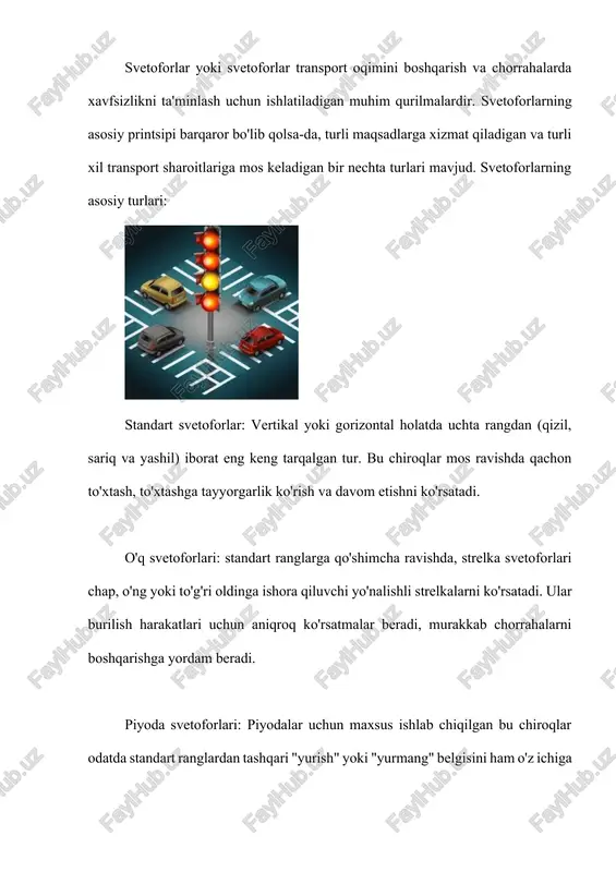 h uchun qo'shimcha ranglar yoki signallarga ega bo'lishi mumkin. shuni ta'kidlash kerakki, ma'lum bir joyda ishlatiladigan svetoforlarning aniq soni va turlari transport hajmi, yo'l dizayni va mahalliy qoidalar kabi omillarga qarab farq qilishi mumkin. yuqoridagi toifalar butun dunyoda ishlatiladigan svetoforlarning eng keng tarqalgan turlarini ifodalaydi. 8.1 svetoforlarda yashil, sariq, qizil va oq rangli yorug'lik ishoralari qo'llaniladi. svetofor ishoralari vazifasiga bog'lik ravishda doirasimon, yo'naltirgich, piyoda tasviri tushirilgan va x-simon ko'rinishda bo'lishi mumkin. doira shaklidagi ishorali svetoforlarda yashil doirali ishoralar bilan bir sathda joylashgan yashil yo'naltirgich ko'rinishdagi ishorali bitta yoki ikkita qo'shimcha tarmoq bo'lishi mumkin. 8.2 svetoforning doirali ishoralari quyidagi ma'noni bildiradi: yashil ishora harakatlanishga ruxsat beradi; miltillovchi yashil ishora ham harakatlanishga ruxsat beradi va uning ta'sir vaqti tugashi hamda ko'p o'tmay taqiqlovchi ishora yonishi haqida axborot beradi; yashil ishora o'chishiga soniyalar (sekundlar)da qancha vaqt qolganligi haqida axborot berish uchun raqamli tablo qo'llanilishi mumkin; sariq ishora harakatni taqiqlaydi (faqat qoidalarning 8.13 bandida …