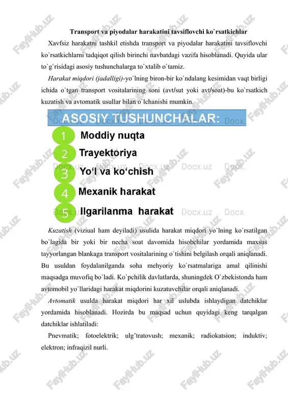 igiga va zichligiga katta tahsir ko`rsatadi. shahar ko`chalarida harakat tarkibining o`zgarishi quyidagicha: engil avtomobillar 60-80%; avtobuslar 5-15%; trolleybuslar 5-10%; yuk avtomobillari 9-15%. shahar tashqarisidagi umum foydalanuvdagi avtomobil yo`llarida harakat tarkibi quyidagicha qiymatlarga ega bo`lishi kuzatiladi: yengil avtomobillar 30-60%; avtobuslar 2-5%; yuk avtomobillari 30-40%; yuk avtomobillari 30-40%; avtopoezdlar 5-8%; traktor va qishloq xo`jalik mashinalari 5-10%;. umuman olganda harakat tarkibining o`zgarishi avtomobil yo`lining xalq xo`jaligida tutgan ahamiyatiga bog`liq, masalan, ichki qishloq xo`jaligidagi yo`llarda yuk va traktor mashinalari katta miqdorda bo`lsa, shahar yo`llarida uning aksidir. harakat tarkibini avvalgi ko`rsatkichga o`xshab kuzatish yoki avtomatik usullar yordamida aniqlanadi. harakat oqimining tezligi-yo`l bo`laklari bo`yicha har xil transport vositalarining tezligini alohida va umuman o`zgarishini ko`rsatuvchi ko`rsatkich, o`lchov birligi ms yoki kmsoat. maqsad va vazifalariga qarab tezlik quyidagi turlarga bo`linadi: hisobiy tezlik-yakka avtomobillarning (xavfsizlik va ustivorlik sharti bo`yicha) ob-havoning muhim sharoitida, avtomobilshinasining yo`l qatnov qismi yuzasi bilan mehyoriy tishlashish holatida, yo`lning eng noqulay ruxsat etilgan elementlariga ega bo`laklarida …