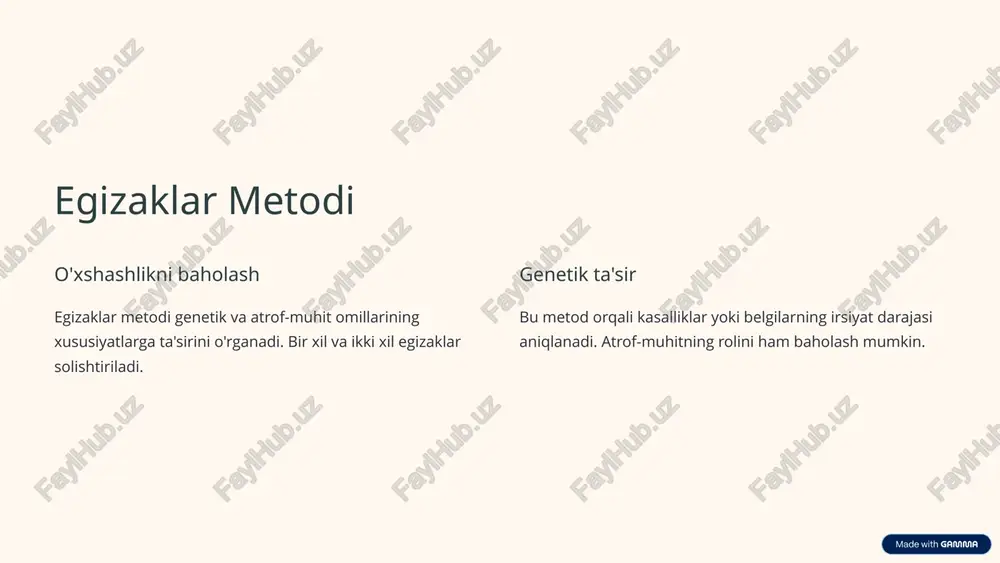 mexanizmlari diabet, yurak kasalliklari kabi murakkab kasalliklarning genetik asoslarini ochadi. yangi davolash usullarini ishlab chiqishga yordam beradi. 6 ekzom ketma-ketligi oqsil kodlovchi qismlar ekzom ketma-ketligi genlarning oqsil kodlovchi qismlarini o'rganadi. barcha ma'lum ekzonlar sekvensiya qilinadi. 2 mutatsiyalar bu metod noma'lum genetik kasalliklarga sabab bo'luvchi mutatsiyalarni aniqlashda samaralidir. oqsil funktsiyasini o'zgartiruvchi mutatsiyalar topiladi. klinik ahamiyat kam uchraydigan kasalliklarni tashxislashda keng qo'llaniladi. davolash strategiyalarini ishlab chiqishga yordam beradi. 7 bioinformatika va statistik tahlil 100k+ genomlar hozirda 100 mingdan ortiq inson genomlari sekvensiya qilingan. bu ma'lumotlar ulkan hajmga ega. terabaytlar ma'lumotlar har bir genom terabaytlab ma'lumot hosil qiladi. ular maxsus algoritmlar bilan tahlil qilinadi. algoritmlar tahlil vositalari bioinformatika tahlil vositalari ma'lumotlarni qayta ishlashga yordam beradi. genetik variantlarni aniqlaydi. 8 xulosa va keyingi qadamlar integratsiyalashgan yondashuv odam genetikasi tadqiqotlari turli metodlarni birlashtiradi. bu yanada aniqroq natijalar beradi. kelajak istiqbollari genom tahrirlash va shaxsiylashtirilgan tibbiyot rivojlanmoqda. bu inson salomatligi uchun yangi imkoniyatlar yaratadi. davomiy tadqiqotlar …