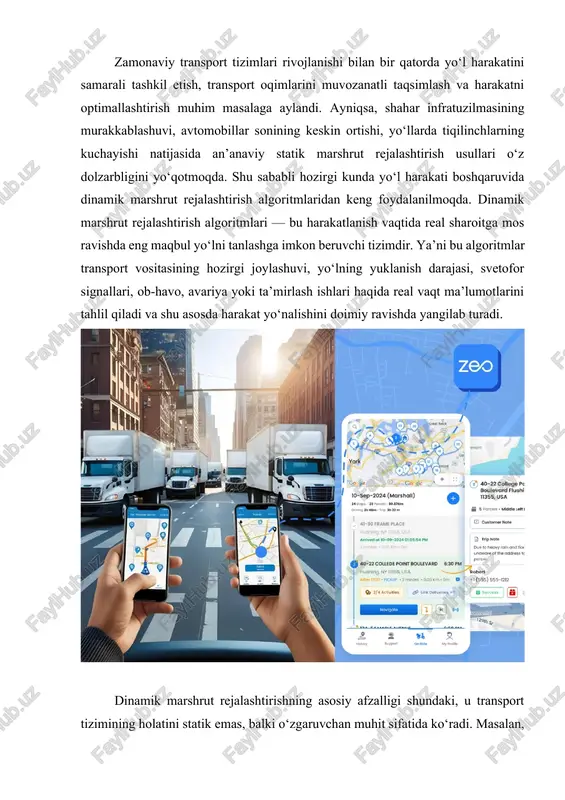 y intellekt va ma’lumot tahlili texnologiyalarining uyg‘unligi talab etiladi. bunday tizimlar gps (global positioning system), gis (geographic information system), iot (internet of things) va big data texnologiyalariga asoslanadi. masalan, har bir avtomobil gps orqali o‘z joylashuvini markaziy tizimga uzatadi, u esa boshqa avtomobillar, svetoforlar va yo‘l sensori ma’lumotlarini jamlab, tahlil qiladi. so‘ngra bu ma’lumotlar asosida har bir haydovchi uchun eng maqbul marshrutni hisoblaydi. dinamik marshrut rejalashtirish algoritmlarining asosiy turlari bir nechta: dijkstra algoritmi, a* algoritmi, bellman–ford algoritmi, genetik algoritmlar, murakkab neyron tarmoqlarga asoslangan algoritmlar, va reinforcement learning (mustahkamlovchi o‘rganish) usullari. dijkstra algoritmi eng mashhur va tarixan eng qadimgi yo‘l topish algoritmlaridan biri bo‘lib, u graf nazariyasi asosida har bir nuqta orasidagi eng qisqa yo‘lni aniqlaydi. ammo u real vaqtda o‘zgaruvchi holatlarni hisobga olmaydi. shu sababli a* algoritmi ishlab chiqilgan bo‘lib, u heuristik (bashoratli) yondashuv asosida eng maqbul marshrutni tezroq topadi. a* algoritmi dijkstra usulidan farqli ravishda yo‘l uzunligi bilan birga …