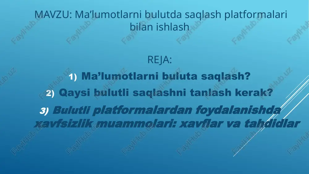 haxsiy va professional maqsadlarda qo'llanilib kelinmoqda. bunga quyidagilarni misol qilib olish mumkin. ta'lim sohasida: bulutli texnologiyalar talabalarga masofaviy ta'lim jarayonida o'qituvchilar bilan muloqot qilish imkonini beradi. ushbu format tobora ommalashib bormoqda va talabga ega bo'lib, bu kurslar va ma'ruzalarni o'tkazishni osonlashtiradi. ta'limni samaradorligini oshirib, 24 soat ta'lim olish imkoniyatini yaratadi. sog'liqni saqlash sohasida: sog'liqni saqlash tashkilotlarining qariyb 35% hozir kunda ma'lumotlarni bulutda saqlashni afzal ko'radi. bu jarayonlarni optimallashtiradi, bemorlarga davolanishga individual yondashuvni ta'minlaydi va bemorlar tomonidan kutish vaqtini qisqartiradi. virtual xotirada saqlanadigan bemorlarning sog'lig'i haqidagi ma'lumotlar har doim mutaxassislar, maslahatlar va boshqalar uchun qulaylik tug'diradi. bank xizmatlari sohasida: bulutli texnologiyalar katta hajmdagi ma'lumotlarni qayta ishlash, yangi mahsulotlarni sinab ko'rish va joriy etish va mijozlarga xizmat ko'rsatishga yordam beradi. bank tranzaksiyalarini amalga oshirishga qulay imkoniyat yaratadi. savdo sohasida: bulutli texnologiyalar masshtabni kengaytirish, ma'lumotlar bazalariga tezkor kirish, bozorlarni kuzatish, onlayn bozorlarni tashkil etish, sotish va xaridlarni amalga oshirish uchun ishlatiladi. sotuvchi va …