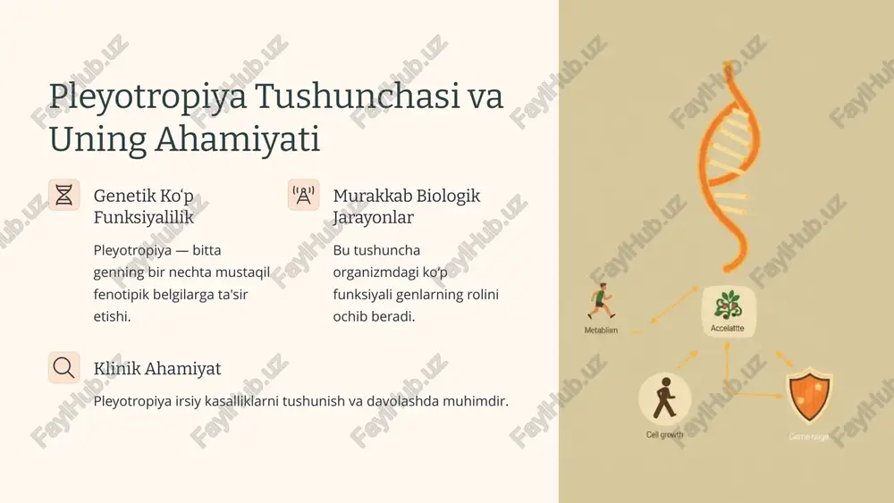 paydo bo‘lishini tezlashtiradi. atrof-muhitga moslashuv bu genlar organizmlarga moslashishga yordam beradi. 3 evolyutsion o'zgarishlar pleyotropiya evolyutsion o'zgarishlar mexanizmlarini ta'minlaydi. 7 tadqiqotlar va yangi yo‘nalishlar genomik tahrirlash crispr kabi texnologiyalar yordamida pleyotrop genlarni o‘rganish. bioinformatika katta ma'lumotlar tahlili orqali genetik ma'lumotlarni o‘rganish. farmakogenomika pleyotropiyani dori vositalarining ta'sirini tushunishda qo‘llash. 8 xulosa va kelajak istiqbollari fundamental tushuncha pleyotropiya biologiyada markaziy o‘rin tutadi. klinik dasturlar irsiy kasalliklarni davolashda katta salohiyatga ega. kelajak tadqiqotlari genetik terapiya va shaxsiylashtirilgan tibbiyot uchun muhim. 9 image1.png image2.png image3.png image4.png image5.png image6.png image7.png image8.png image9.png image10.png image11.png image12.png image13.png image14.png image15.png image16.png image17.png image18.png image19.png image20.png image21.png image22.png made with gamma accelattte "a 5 cell growth differentiation cellactisn a mene a fa ink seu il tami ci i cit i i eeu i h hr l iana tt i ca tt tt ca a cc | mn iii pane ] mc oat atta mun nal a eee } …