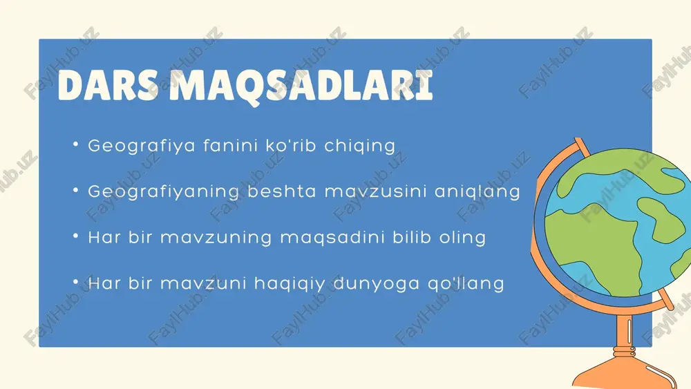 kin. boshqa hududlarda mintaqalar tillar, hukumatlar, madaniyatlar va an'analar bo'yicha guruhlangan. geograflar joylarni solishtirish va solishtirish va ularni yaxshiroq tushunish uchun mintaqalardan foydalanadilar. yer o'ziga xos yovvoyi tabiati, o'simliklari va iqlimi bo'lgan o'nta tabiiy mintaqaga ega. harakat harakat - bu joylar orasidagi odamlar, tovarlar, g'oyalar, hayvonlar, o'simliklar va jismoniy xususiyatlarning harakatchanligi. sizning hududingizda qanday harakat namunalarini ko'rasiz? bu harakat sizning hududingizga qanday ta'sir qiladi? aylanish gapirish va geograflar bu narsalar qanday va nima uchun harakatlanishini o'rganadilar. ular ushbu harakatlarning natijasini ham o'rganadilar. harakat, shuningdek, inson migratsiyasi, savdo va muloqotga e'tibor qaratadi. inson va atrof-muhitning o'zaro ta'siri inson va atrof-muhitning o'zaro ta'siri - bu odamlar va atrof-muhit o'rtasidagi munosabatlar va o'zaro ta'sir. atrof-muhitingizga qanday bog'liqsiz? atrofingizga qanday yo'llar bilan moslashasiz? aylanish gapirish va odamlar oziq-ovqat, suv va boshpana kabi resurslar uchun atrof-muhitga moslashadi, o'zgartiradi va unga tayanadi. atrof-muhit inson xatti-harakati va madaniyatiga ta'sir qilishi mumkin. ushbu mavzuga misollar qishloq xo'jaligi, qurilish, …
