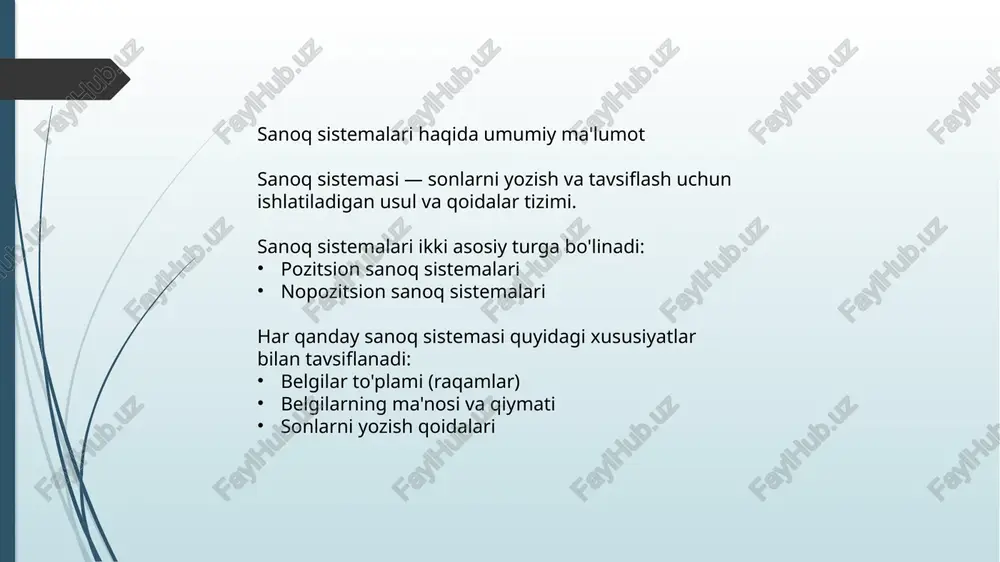 iladi pozitsion sanoq sistemalarining afzalliklari: sonlarni ixcham ifodalash arifmetik amallarni bajarish qulayligi katta sonlarni yozish imkoniyati hisoblash tizimlarida samarali qo'llanilishi pozitsion sanoq sistemasida sonni ifodalash: $n = a_n × b^n + a_{n-1} × b^{n-1} + ... + a_1 × b^1 + a_0 × b^0 + a_{-1} × b^{-1} + ... + a_{-m} × b^{-m}$ bu yerda: $b$ - sanoq sistemasi asosi $a_i$ - raqamlar (0 ≤ $a_i$ < $b$) 4. asosiy pozitsion sanoq sistemalari o'nlik sanoq sistemasi (asos = 10) kundalik hayotda eng ko'p ishlatiladigan sistema raqamlar: 0, 1, 2, 3, 4, 5, 6, 7, 8, 9 misol: 2023₁₀ = 2×10³ + 0×10² + 2×10¹ + 3×10⁰ ikkilik sanoq sistemasi (asos = 2) kompyuter texnikasining asosi raqamlar: 0, 1 misol: 1011₂ = 1×2³ + 0×2² + 1×2¹ + 1×2⁰ = 8 + 0 + 2 + 1 = 11₁₀ sakkizlik sanoq sistemasi (asos = 8) raqamlar: 0, 1, 2, 3, …