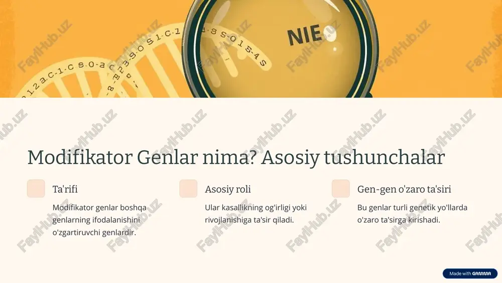 an bog'liq genetik variantlarni aniqlaydi. funktsional tahlillar genlarning biologik rolini tushunishga yordam beradi. 7 tadqiqotlarning istiqbollari va muammolari 1 ma'lumotlar hajmi katta miqdordagi genetik ma'lumotlarni tahlil qilish kerak. 2 murakkablik gen-gen o'zaro ta'sirlarining murakkabligini tushunish qiyin. 3 klinik tarjima tadqiqot natijalarini klinik amaliyotga tatbiq etish lozim. 8 xulosa: modifikator genlarning ahamiyati va kelajagi muhim ahamiyat modifikator genlar inson kasalliklari va sog'lig'ini tushunish uchun kalit hisoblanadi. 1 yangi davolash usullari ular shaxsiylashtirilgan tibbiyot uchun yangi yo'llarni ochadi. 2 kelajakdagi tadqiqotlar bu sohadagi tadqiqotlar tibbiyotni tubdan o'zgartirish potentsialiga ega. 3 9 image1.png image2.png image3.png image4.png image5.png image6.png image7.png image8.png image9.png image10.png image11.png image12.png image13.png image14.png image15.png image16.png made with gamma