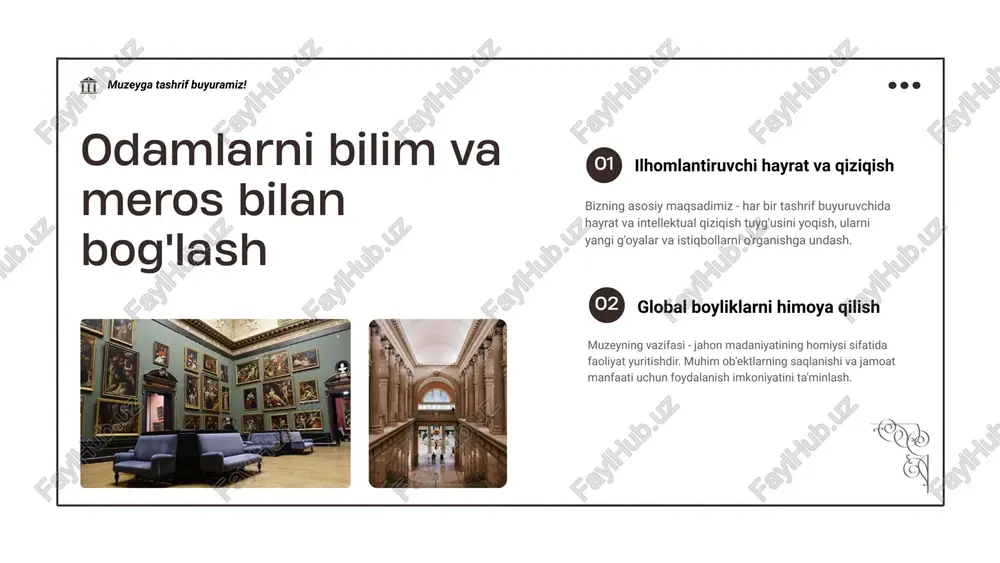 ssasalar artefaktni saqlash muzey bilim posbonlari sifatida muzeyga tashrif buyuramiz! ko‘rgazmalarimiz turli multimedia vositalaridan foydalangan holda ko‘rgazmali, ma’lumot beruvchi va interaktiv bo‘lishi uchun puxta ishlab chiqilgan. bilimli dotsentlar va o'qituvchilar ekskursiyalarni olib boradilar, to'plamlar haqida chuqurroq tushunchalarni taklif qilishadi va tashrif buyuruvchilarning savollariga javob berishadi. jozibador ko'rgazma dizayni yo'lboshchili sayohatlar 01 02 muzey sayohatingizni yaxshilash muzeyga tashrif buyuramiz! bizning jonli ko'ngilli dasturimiz odamlarga o'z vaqtlari va ko'nikmalariga hissa qo'shish imkoniyatini beradi. tashkilot harakatlari kam ta'minlangan jamoalar va alohida ehtiyojli shaxslarni qamrab olishga qaratilgan. muzeyda turli madaniy tadbirlar, festivallar va ommaviy yig'ilishlar o'tkaziladi foydalanish mumkin bo'lgan dasturlar bizning devorlarimizdan tashqarida ulanish muzeyga tashrif buyuramiz! madaniy tadbirlar ko'ngillilar imkoniyatlari a'zolik dasturlari xayriya va xayr-ehsonlar tovarlarni sotish bizning a'zolik dasturlarimiz bepul kirish, chegirmalar va tadbirni o'z ichiga olgan eksklyuziv imtiyozlarni taklif etadi. jismoniy shaxslar, fondlar va korporatsiyalarning saxiy xayr-ehsonlari sotib olishni moliyalashtirish uchun juda muhimdir. bizning muzey do'konimizdan mahsulotlarni taklif qiladigan xaridlar muzeyning …