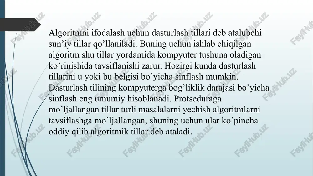 siya deb nomlanadi. kompilatsiya bu dasturlash tilida yozilgan kodni mashina tushunadigan tilga to'g'ridan-to'gri o'girish jarayoni. mashina tiliga o'giruvchi programma esa kompilyator deb nomlanadi. kompilyator butun kodni bir vaqtda skan qiladi va agar kodda xatoliklar bo'lsa koddagi barcha xatoliklarni ko'rsatadi, agar xatolik bo'lmasa uni ishga tushiradi. kompilyatorga misollar: javac (java kompilyatori), c (c kompilyatori), cpp (c++ kompilyatori) interpretatsiya jarayonida esa dasturlash tilida yozilgan kod mashina tiliga to'g'ridan-to'gri o'girilmaydi. uning o'rniga boshqa bir programma kodni o'qiydi va uni ishga tushiradi. ya'ni o'rtada bir boshqa programma vositachi bo'lib turadi. usha vositachi programmaga interpretator deyiladi. misol uchun siz kodda «+» amalini bajarmoqchi bo'lsangiz, interpretator siz kodda yozgan «+» amalini o'zining versiyasi bilan almashtiradi va so'ngra uni mashina tiliga o'giradi. interpretator kodni satrma-satr skan qiladi va agar biror satrda xatolik bo'lsa darhol xatolikni ko'rsatadi va skan qilishni tohtatadi, agar satrda xatolik bo'lmasa darhol usha satrdagi kodni ishga tushiradi. interpretatorlarga misollar: ruby, phyton, gw basic. ba'zi …