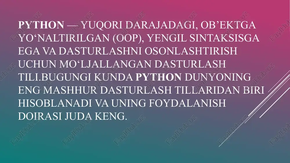 4-9 iik “hello world”. i-qadam puthon 3.11.5 dasturini yuklab olganingizdan so’ng, dasturni sozlamalarini to’g’irlab chiqamiz! datur ustiga sichgonchani olib borib uning chab tugmasini ikki marta bosamiz! pastdagi rasmdagi belgili tanlovni tanlaymiz | trwaiee z install python 3.11.5 (64-bit) opseril features oe en tet e python —nssn spate gy aa z wind nbicinmnoneniora na wind = a pomranseton sng uy. & = puthe wind ‘advanced options it pen 31 ats paca a wth pe ey) conte tat rt chats dresher wentee aes i ey det prs mck cet tg bae ges v5 207 ee aon tl aon “css mmoot apposaleatpogansrenpe) | bee ae pitt x j setup progress pats ——— j setup was successful ° windows 2-qadam pycharm: the python ide for professional developers by_sayti orgali pycharmni yuklab olamiz! puchorm @ pycharm professional the python ide for professional developers ‘welcome to pycharm community edition setup proud! nmunity edlitio fj pycharm community …