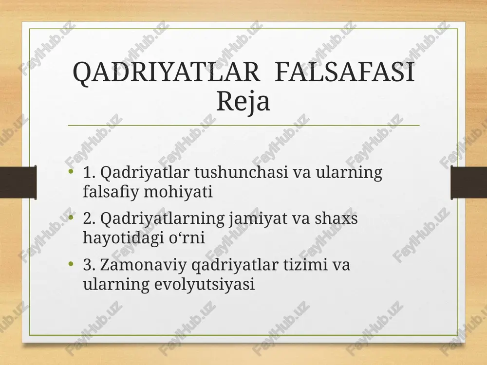 larning zaiflashuvi xulosa • qadriyatlar insoniyat taraqqiyotining ajralmas qismidir • falsafa ularni tahlil qilib, zamonaviy yo‘nalishlarni ko‘rsatadi foydalanilgan adabiyotlar • o‘zbekiston falsafa darsliklari • sharq va g‘arb mutafakkirlarining asarlari • internet va ilmiy maqolalar image5.png image6.png image7.jpeg image8.jpeg image3.png image4.png falsafa /docprops/thumbnail.jpeg ‘termiz davlat pedagogika instituti ‘tillar fakulteti xorijiy tili va adabiyoti:ingliz tili beg‘ nalishi 1-bosqich 24- i o2guruh talaba quisoatova zilolaning