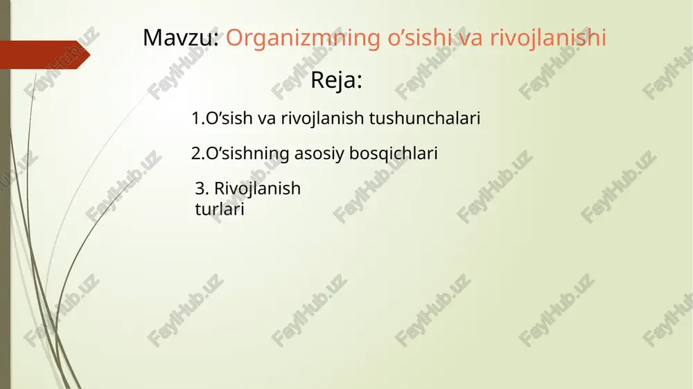 r hajmining ortishi asosan tirik tabiatning turli xil vakillari bo’lgan o’simliklar, hayvonlar va odamlarga ma’lum bir muhit sharoitida yashash va rivojlanish xususiyati ato etilgan. o’simlik organizmlarining hayotiy sikllari quyidagi davrlardan (fazalardan) tashkil topgan:1. embrional davri -zigotaning hosil bo’lishi;2. yuvenil davri -murtakning o’sishi va vegetativ organlarning hosil bo’lishi;3. yetilish davri -gullarning paydo bo’lishi, reproduktiv organlarning shakllanishi;4. ko’payish davri (meva hosil bo’lish) -bir marta yoki ko’p marta meva berish; 5. qarilik davri -parchalanish jarayonining ustunligi.ontogenez. o’simliklarning individual taraqqiyot davri ontogenezini bilish va o’rganish fan va amaliyot uchun muhim ahamiyat kasb etadi. ontogenez deb o’simliklarning tuxum hujayrasining urug’lanishidan tabiiy nobud bo’lishgacha (qurishigacha) bo’lgan davriga aytiladi. o’sish xarakteriga qarab, o’simliklar bir yillik, ikki yillik va ko’p yillik bo’lib, ularning ontogenezi ham har xil bo’ladi. o’z hayoti davrida bir marta gullab meva hosil qiladigan o’simliklarni monokarpiklar deyiladi. bularga hamma bir yillik o’simliklar, ko’p yillik o’simliklardan, bambuk, kovrak (ferula), agava, sabzi, lavlagi va karamlar kiradi. hayot …