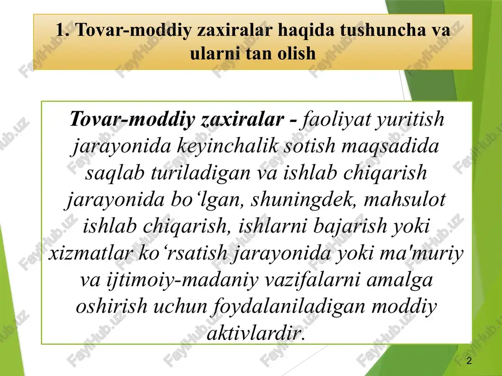 r tarkibiga o‘tkazilgan aktivlarning tannarxi ushbu uzoq muddatli aktivlarning balans (qoldiq) qiymati bo‘yicha belgilanadi - bojxona bojlari va yig‘imlari; - tmzni xarid qilish bilan bog‘liq bo‘lgan soliq va yig‘imlar summalari; - tmz ta'minotchi va vositachi tashkilotlar orqali xarid qilinganda ularga to‘lanadigan to‘lovlar (vositachilik haqi); - tmzni xarid qilish bilan bog‘liq bo‘lgan tmzni sertifikatlash va ularni texnik shartlarga muvofiq sinash bo‘yicha xarajatlar 2. tovar-moddiy zaxiralarni turkumlash va baholash tartibi 10 tovar-moddiy zaxiralarning ishlab chiqarish tannarxiga ularni ishlab chiqarish bilan bevosita bog‘liq bo‘lgan, ishlab chiqarish texnologiyasi va uni tashkil etish sifatidagi xarajatlar kiritiladi bunda ushbu xarajatlarga quyidagilar kiradi: bevosita va bilvosita moddiy xarajatlar; bevosita va bilvosita mehnat xarajatlari; ishlab chiqarish bilan bog‘liq bo‘lgan boshqa bevosita va bilvosita xarajatlar. 2. tovar-moddiy zaxiralarni turkumlash va baholash tartibi 1) tegishli birlikning identifikasiyalangan tannarxi bo‘yicha; 2) o‘rtacha tortilgan qiymat bo‘yicha (aveco); 3) tmz xarid qilingan vaqt bo‘yicha dastlabki zaxiralar tannarxi bo‘yicha (fifo). bhms bo‘ycha tegishli birlikning …