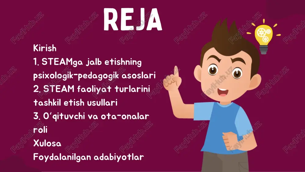 asosiy vositalardir. maktabgacha yoshdagi bolalar uchun steam faoliyatlari o‘yin, tajriba va ijodiy yondashuvlar orqali tashkil etiladi. ilmiy tajribalar (masalan, suv va qum bilan ishlash), qurilish o‘yinlari (konstruktorlar, lego), san’at mashg‘ulotlari (bo‘yash, kollaj) va raqamli texnologiyalar (interaktiv ilovalar) bolalarda qiziqish va tafakkurni rivojlantiradi. har bir faoliyat bolalarning yoshiga mos, xavfsiz va qiziqarli bo‘lishi lozim. 2. steam faoliyat turlarini tashkil etish usullari steamga jalb etishda pedagoglar bolalarning qiziqishini uyg‘otuvchi muhit yaratishi, faoliyatni yoshga mos tarzda tashkil etishi muhim. ota-onalar esa uy sharoitida oddiy tajribalar, qurilish o‘yinlari va san’at mashg‘ulotlari orqali steamni qo‘llab-quvvatlashi mumkin. hamkorlikda ishlash bolalarning o‘rganishga bo‘lgan ishtiyoqini oshiradi. 3. o‘qituvchi va ota- onalar roli maktabgacha yoshdagi bolalarni steamga jalb etish — ularning tafakkurini, ijodkorligini va muammolarni hal qilish ko‘nikmalarini erta bosqichda rivojlantirishning samarali yo‘lidir. psixologik-pedagogik yondashuvlar, o‘yin asosidagi faoliyatlar va ota-ona hamkorligi orqali steam elementlari bolalarning kundalik o‘rganish jarayoniga tabiiy tarzda singdiriladi. bu esa kelajakda ularning ilmiy va texnologik savodxonligini …