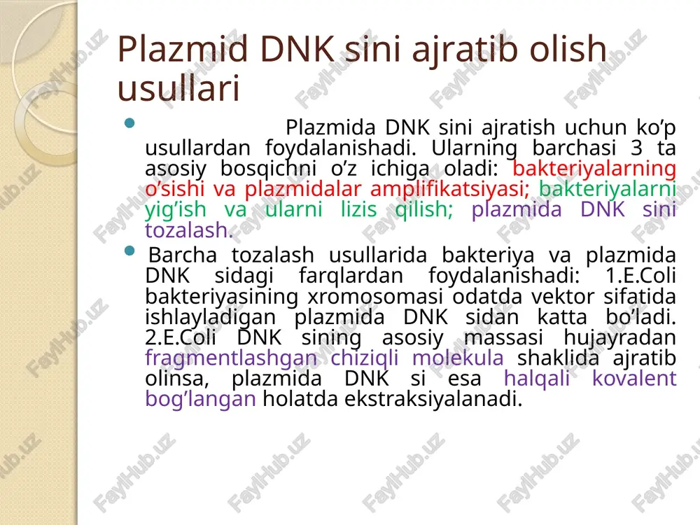 molekulyar og’irligi ortishi bilan xo’jayin dnk xossalariga yaqin bo’ladi. 25 kb dan ortiq bo’lgan o’lchamga ega bo’lgan plazmidalarni ajratish ancha qiyinlashadi va toza chiqishi pasayadi. kam miqdordagi plazmida dnksini tezkor ajratish. oxirgi vaqtlarda bakteriyaning alohida koloniyasidan olingan kam hajmdagi plazmida dnksini ajratish usullari yaratilgan. ayrimlari ko’p mehnat talab qiladi, boshqalari qiyinchilik bilan amalga oshiriladi, uchinchilari esa e.colining ayrim shtammlari uchun yaroqlidir. biologik materialdan nuklein kislotalarni ajratish uchun hujayralar lizisi, hujayra nukleazalarining inaktivatsiyasi hamda qidirilayotgan nuklein kislotalarini hujayra massasidan ajratish kerak bo`ladi. odatda lizisning dastlabki materialni o`zgartira oladigan darajada qattiq va dastlabki materialni o`zgarmas holda saqlanishiga yordam berishi lozim. odatdagi lizis amali quyidagi bosqichlarni o`z ichiga mexanik buzish (masalan, gomogenizatsiya, gipotonik lizis) kimyoviy ishlash (masalan, detergent, xaotrop agentlar yordamidagi lizis, yoki tiolli tiklanish) oqsillarni fermentativ parchalanishi (masalan, proteinkinaza k yordamida) hujayra membranalarini buzilishi va hujayra ichi nukleazalarini inaktivatsiyasi bir vaqtda amalga oshirilishi mumkin. misol uchun bitta eritma hujayra membranasi uchun detergent …