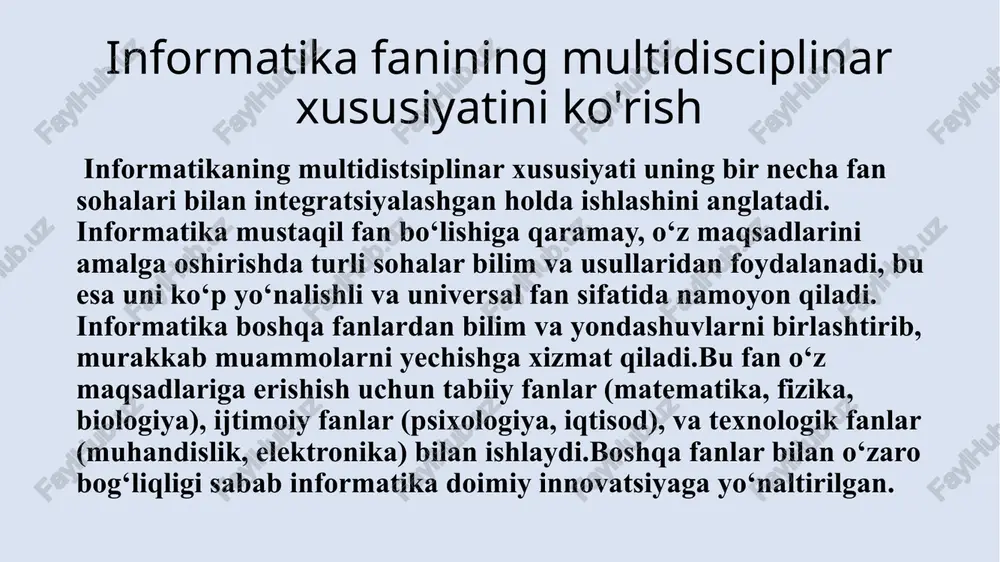 sqichdagi o‘simtalarni aniqlash mumkin. ijtimoiy fanlar va axborot xavfsizligi deepfake texnologiyasi: sun’iy intellekt yordamida odamlarning ovozini yoki qiyofasini o‘zgartiruvchi texnologiya rivojlandi. bu san’at va ta’limda foydali, ammo xavfsizlik va axloqiy muammolarni ham keltirib chiqarmoqda. jinoyatchilikni prognoz qilish: politsiya departamentlari katta ma’lumotlardan foydalanib, jinoyat sodir bo‘lish ehtimolini oldindan aniqlash tizimlarini yaratmoqda (masalan, predpol). onlayn ijtimoiy harakatlar: metoo va boshqa kampaniyalar ijtimoiy tarmoqlarda tashkil etilgan bo‘lib, ma’lumotlarning tarqalishi informatika yordamida boshqariladi. ta’lim texnologiyalari intellektual repetitor tizimlari: duolingo, khan academy kabi platformalar o‘quvchining darajasiga moslashgan mashg‘ulotlarni taklif etadi. ar/vr darsliklar: virtual reallik orqali tarixiy joylarga “sayohat” qilish yoki murakkab biologik jarayonlarni ko‘rgazmali ravishda o‘rganish imkoniyati mavjud. blended learning: informatika ta’limda aralash o‘qitish usullarini qo‘llashda muhim o‘rin tutadi, masalan, google classroom. e‘tiboringiz uchun tashakkur image1.png nft san’ati: raqamli sanat asarlari blokcheyn orqali sotiladi va himoyalanadi. beeple ning everydays: the first 5000 days asari $69 millionga sotilgan. raqamli musiqa: sun’iy intellekt musiga yaratish uchun ishlatiladi. …