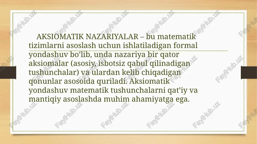 – 1978) matematik tizimlarning noaniqlik va chegaralarini aniqlash. boshqa aksiomatik nazariyalarning qo’llanilishi mantiq va informatika: formal tizimlar, algoritmlar va dasturlash tillarining asoslari aksiomatik tizimlar yordamida quriladi. fizika: fizik qonunlar va tamoyillarni mantiqiy asoslash uchun aksiomatik yondashuv ishlatiladi. qtisodiyot va o’yin nazariyasi: strategiyalar va qaror qabul qilish modellarida aksiomatik yondashuvdan foydalaniladi. aksiomatik tizimning ahamiyati matematik va ilmiy tushunchalarning izchilligini ta’minlaydi. murakkab tizimlarni tushunish va ularni asoslashga yordam beradi. o’zaro bog’liq nazariyalarning mantiqiy mustahkamligini tekshiradi. aksiomatik tizimlarning asosiy xususiyatlari mustahkamlik (consistency): aksiomatik tizim ichida birorta qarama – qarshi (mantiqiy ziddiyatli) xulosa chiqmasligi kerak. to’liqlik completeness): har qanday to’g’ri yoki noto’g’ri bayonot tizimdagi aksiomalar va qoidalar orqali hal qilinishi kerak. mustaqillik (independence): har bir aksioma qolgan aksiomalardan kelib chiqmasligi kerak. bu aksiomaning o’zi mustaqil ekanini bildiradi. zamonaviy aksiomalar tizimi zermelo –fraenkel to’plamlar nazariyasi(zf): zamonaviy matematikaning poydevori. to’plamlar va ularning o’zaro munosabatlarini o’rganadi. qo’shimcha aksioma: tanlash aksiomasi: tanlash aksiomasi (axiom of choice, zfc tizimi). …