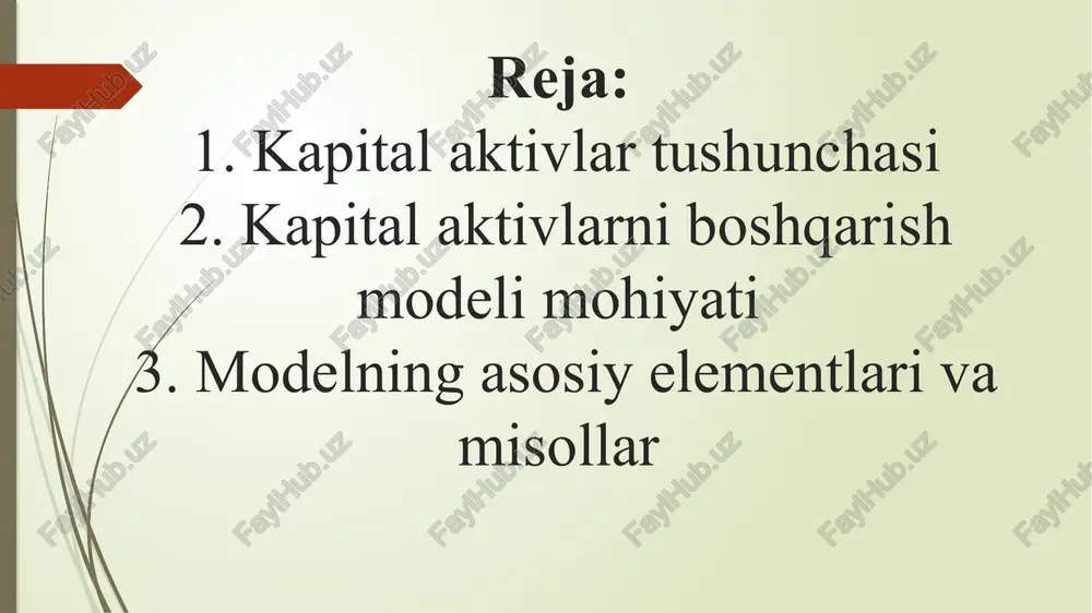 radi. capmning afzalliklari • soddaligi: faqat 3 ta ko‘rsatkich bilan ishlaydi. • investor xavf va daromadni solishtira oladi. • bozor muvozanatini tushuntiradi. capmning kamchiliklari capmning kamchiliklari • haqiqiy hayotda xavfni aniq o‘lchash qiyin. • bozor daromadi o‘zgaruvchan. • barcha investorlar bir xil fikrda bo‘lmaydi. capm modelining qo‘llanishi • investitsiya loyihalarini baholashda • portfel (aktivlar to‘plami) boshqarishda • kapital qiymatini hisoblashda • kompaniyaning risk darajasini aniqlashda xulosa • kapital aktivlarni boshqarish modeli – investitsiya xavfi va daromadini tahlil qilishning ilmiy usuli. • capm yordamida investor har bir aktiv uchun adolatli daromad talab qilishi mumkin. • asosiy tamoyil: “xavf qancha katta bo‘lsa, daromad ham shuncha yuqori bo‘lishi kerak.” e’tiboringiz uchun rahmat image1.jpg image2.jpg the capital asset pricing model (capm) expected return and standard deviation of portfolio return a = wa e 3 2 2 2 xo] 4 3 a -) £ 8 2 x w 5% 10% 15% 20% standard deviation of …