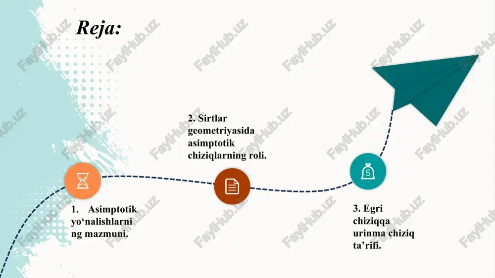 agar funksiya grafigi cheksizlikda biror qiya chiziqga yaqinlashsa, bu qiya asimptota deyiladi. bunday asimptotalar odatda yuqori darajali kasr funksiyalarda uchraydi. xulosa asimptotik yo‘nalishlar, urinma va asimptotalar geometriyada egri chiziqlar va sirtlarning shaklini chuqur o‘rganish imkonini beradi. bu tushunchalar matematik tahlil, muhandislik, fizika va grafika sohalarida keng qo‘llaniladi. e’tiboringiz uchun raxmat image2.jpeg image3.png image4.png image5.png image6.png image7.png image8.png image9.png image1.jpeg mathematical definition. tangent line urinma va hosila o ‘rtasidagi bog ‘liglik hosila geometrik jihatdan urinma chiziqning qiyaligini bildiradi. agar y=f(x) bo‘lsa, u holda x = a nuqtadagi urinma tenglamasi: y— yo =f' (xo) (x — xo) misol: 1 f(x) = v2 funksiyada x=2 vertikal asimptota bo‘ladi. misol: 3x . f= et funksiyada lim,_,.. f(x) = 3 bo‘lganligi sababli y=3 — gorizontal asimptota. ya curve tangent line arbitrary qy /docprops/thumbnail.jpeg asimptotik yo'nalishlar. urinma va asimptotalar.