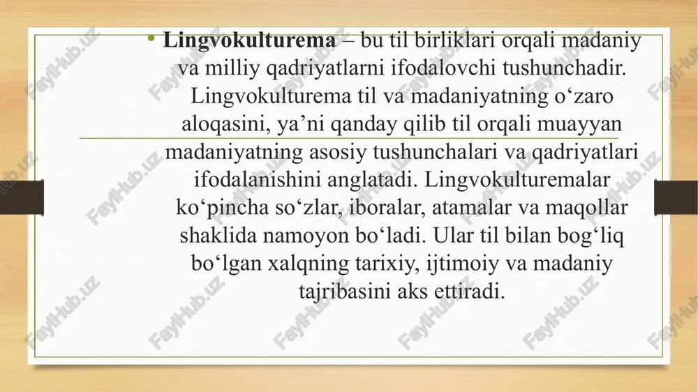 ifatida ham qabul qilinadi. bu o‘zbek xalqining hurmat-izzatga bo‘lgan munosabatini aks ettiradi. 6. obrazli lingvokulturemalar: qahramonlar, hayvonlar yoki afsonaviy obrazlar orqali xalqning o‘ziga xos qahramonlik, go‘zallik yoki boshqa xususiyatlarini ifodalovchi lingvokulturemalar. masalan, "alpomish" obrazi o‘zbek xalq og‘zaki ijodida qahramonlik va mardlik ramzi sifatida qabul qilinadi. 7. o‘xshatish va metaforik lingvokulturemalar: bu turdagi lingvokulturemalar madaniyatga xos o‘xshatish va metaforalar orqali ifodalanadi. masalan, o‘zbek tilida "ko‘ngli tog‘day keng" degan ifoda biror kishining saxiy va yaxshi qalbga ega ekanligini ifodalaydi. 8. milliy bayram va marosimga oid lingvokulturemalar: bayram va marosimlar bilan bog‘liq bo‘lgan lingvokulturemalar ham xalqning madaniyatini aks ettiradi. masalan, o‘zbek tilida "navro‘z" so‘zi faqatgina yangi yil bayramini emas, balki yangilanish, tabiatning uyg‘onishi va yangi hayot ramzini ham anglatadi. xulosa:lingvokulturemalar xalqning madaniy xususiyatlarini, urf-odatlarini va ma’naviy merosini saqlab keladi. ular madaniy merosni keyingi avlodlarga yetkazishda, xalqning o‘zligini anglatishda muhim rol o‘ynaydi va tilning madaniyat bilan bog‘liq qirralarini ochib beradi. image5.png image6.png image3.png image4.png …
