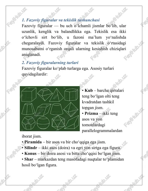 ni yasash uchun quyidagi usullar qo‘llaniladi: 1. proyeksion usul – figura va tekislik proyeksiyalarini chizish orqali kesishmani aniqlash. 2. analitik usul – algebraik tenglamalar yordamida kesishma nuqtalarini topish. 3. grafik usul – geometrik qurishlar yordamida kesishma chiziqlarni chizish. har bir usulda maqsad – figura va tekislik orasidagi kesishma chiziqning shakli va joylashuvini to‘g‘ri aniqlashdir. xulosa fazoviy figuralarning tekislik bilan kesishmalarini o‘rganish fazoviy tasavvurni rivojlantiradi, chizmachilik va texnik fanlarda amaliy ahamiyatga ega. bu bilimlar yordamida murakkab geometrik shakllarni tahlil qilish va ularni real hayotdagi muhandislik loyihalarida qo‘llash mumkin. foydalanilgan adabiyotlar 1. g.m. fikhtengolts. matematik analiz kursi. — moskva, 1980. 2. v.a. gusev. geometriya va chizmachilik asoslari. — toshkent: o‘qituvchi, 2015. 3. a.x. rasulov. analitik geometriya. — toshkent: tdpu nashriyoti, 2020. image3.jpeg image1.jpeg image2.jpeg cube tetrahedron octahedron dodecahedron icosahedron shutterstsck’ nace hae og bigstock.co