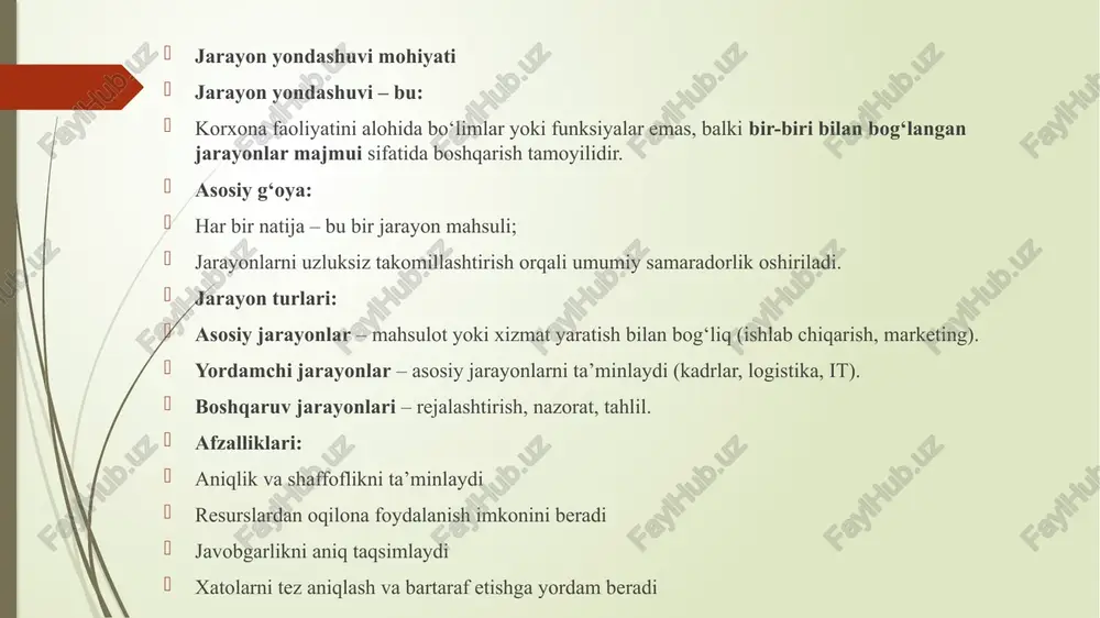 atsiya – xodimning ishga bo‘lgan ichki ehtiyoji. liderlik – jamoani yo‘naltiruvchi rahbarlik uslubi. kommunikatsiya – axborot almashinuvi sifati. ijtimoiy muhit – jamoada yaratilgan psixologik atmosfera. tashkiliy madaniyat – umumiy qadriyatlar va xulq qoidalari majmui. xulosa: jarayon yondashuvi va xulq-atvor nazariyasi uyg‘unlashganda korxona faoliyati tizimli, insonparvar va samarali bo‘ladi. bu yondashuvlar boshqaruvni faqat texnik emas, balki inson omili asosida rivojlantirishga imkon beradi. image1.png image2.jpeg /docprops/thumbnail.jpeg