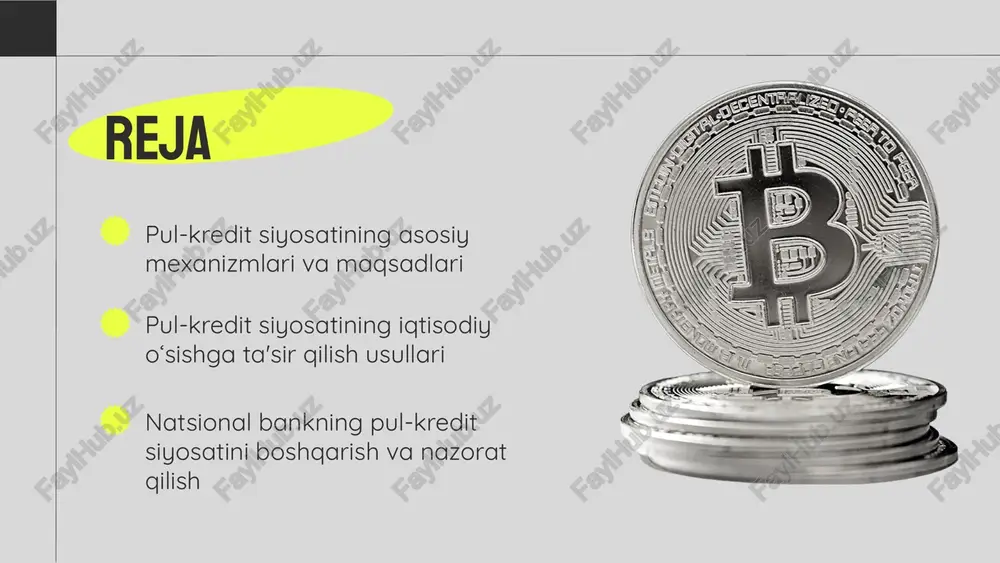 iyosatining iqtisodiy oʻsishga ta'sir qilish usullari. markaziy bankning foiz stavkalarini boshqarish va pul massasi o'zgarishlari asosiy mexanizmlar hisoblanadi. ijtimoiy va iqtisodiy omillar, masalan, daromad darajasi, moliyaviy savodxonlik va bank tizimi rivojlanishi pul-kredit siyosatining samaradorligini belgilaydi. o'zbekistonda foiz stavkalarini sozlash va pul massasini boshqarish amaliyotda qo'llaniladi. kelajakda raqamli valyutalar va bank texnologiyalari bu siyosatni rivojlantirishda muhim rol oʻynaydi. pul-kredit siyosatining ta'sir mexanizmlari natsional bankning pul-kredit siyosatini boshqarish o'zbekiston markaziy banki mamlakatda pul-kredit siyosatini belgilovchi asosiy institutdir. uning vazifalari orasida pul massasini boshqarish, inflyatsiyani nazorat qilish va iqtisodiy o'sishni ta'minlash kiradi. bank narxlarni barqaror saqlash uchun monetar siyosatni amalga oshiradi. natsional bankning roli va vazifalari markaziy bank pul-kredit siyosatini boshqarish uchun ochiq bozor operatsiyalari, foiz stavkalarini belgilash va rezerve talablarini nazorat qilish kabi mexanizmlardan foydalanadi. bu usullar iqtisodiyotdagi pul massasi va inflyatsiya darajasini muvozanatda saqlashga yordam beradi. pul-kredit siyosatini boshqarish mexanizmlari pul-kredit siyosati iqtisodiy o'sishga sezilarli ta'sir ko'rsatadi. o'zbekiston uchun bu, investitsiyalarni …