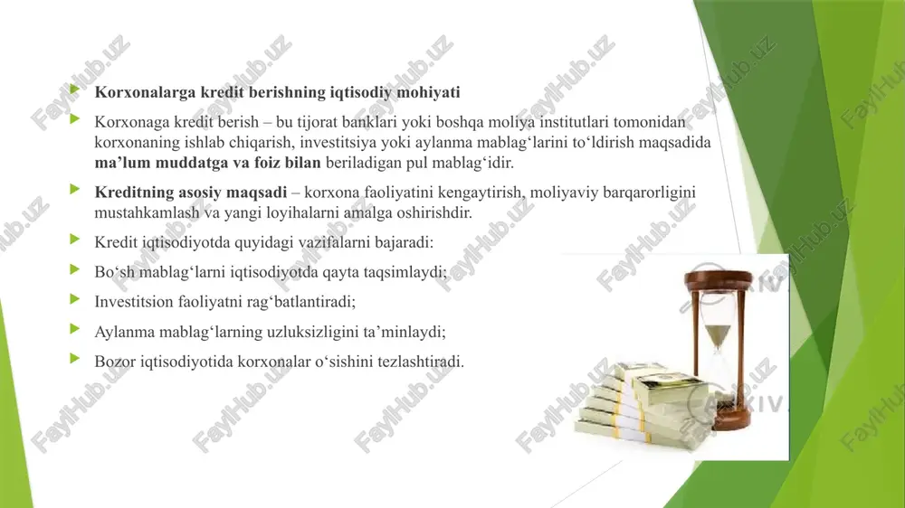 qqiyot jamg‘armasi) kreditlari kredit shartnomasining mohiyati va tarkibi kredit shartnomasi – bu bank va korxona o‘rtasida tuziladigan hujjat bo‘lib, unda kredit berish, foydalanish va qaytarish shartlari belgilanadi. shartnoma predmeti: kredit mablag‘larini ma’lum miqdorda, ma’lum muddatga, belgilangan foiz stavkasi bilan berish majburiyati. kredit shartnomasining asosiy qismlari: shartnoma predmeti (kredit summasi, valyuta turi) kreditning maqsadi kredit muddati foiz stavkasi va hisoblash tartibi to‘lov va qaytarish grafigi garov yoki kafillik shartlari tomonlarning huquq va majburiyatlari javobgarlik choralari fors-major (kutilmagan holatlar) bandi image1.png image2.jpeg kredit kredit (lotincha - ishonish - verit, doveryatsya) deganda o’z egalari qo’lida vaqtincha bo’sh turgan ayrim giymat yoki pul mablag’larining boshqalar tomonidan ma’lum muddatga xaq to’lash sharti bilan qarzga olish va qaytarib berish yuzasidan kelib chigqadigan miunocahatliar /docprops/thumbnail.jpeg sharinomasining xsusiatari > rl: kootonteg et bing toy tia * kaolin rc shams okt tab