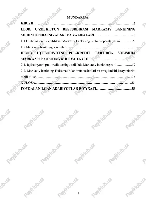 lar milliy valyuta barqarorligini ta'minlash, inflyatsiya darajasini pasaytirish, va yagona davlat pul-kredit siyosatini ishlab chiqish. kurs ishining maqsadi o’zbekiston respublikasi markaziy bankining faoliyatini, uning hozirgi bosqichda bank faoliyatini rivojlantirishdagi funktsiyalarini o'rganishdir. ushbu maqsadga erishish quyidagi vazifalarni hal qilishni talab qiladi: o’zbekiston respublikasi markaziy bankining asosiy funktsiyalarini va uning o’zbekiston bozor iqtisodiyotidagi rolini ko'rib chiqing; o’zbekiston respublikasi bank tizimini rivojlantirish bo'yicha markaziy bankning faoliyatini tahlil qilish; o’zbekiston respublikasi markaziy banki faoliyatini takomillashtirishning asosiy yo'nalishlarini ishlab chiqish. kurs ishi ob’ekti: markaziy bankning hukumat bilan munosabatlari bilan tanishtirish jarayoni kurs ishi predmeti: markaziy bankning hukumat bilan munosabatlari bilan tanishtirish ko’nikmalari kurs ishining amaliy ahamiyati. kurs ishi jarayonida ilgari surilgan fikrlardan, yondashuvlardan hamda samaradorligini ta’minlovchi kurs ishi natijalaridan ish tajribalarini ommalashtirishda samarali foydalanishga xizmat qiladi. kurs ishining tarkibiy tuzilishi va hajmi: ish kirish, 2 bob, 4 bo‘lim, umumiy xulosalar va tavsiyalar, foydalanilgan adabiyotlar ro‘yhatidan iborat. i.bob. o’zbekiston respublikasi markaziy bankining muhim operatsiyalari va vazifalari …