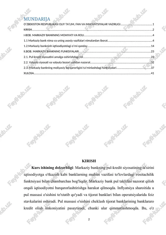 nklari o‘z mijozlariga 3oo dan ortiq turli xil xizmatlarni ko‘rsatadilar. bu operatsiyalarning va xizmatlar ning barchasi bir vaqt va bir joyda paydo bo‘lmaganligi sababli ham bank ishining „boshlang‘ich“ nuqtasini aniqlash aniq tadqiqotlar olib borishni va ular asosida ma’lum bir fi krlarni mujassamlashtirishni talab qiladi. siz banklarning paydo bo‘lishi tarixi bo‘yicha ba’zi bir fi krlar to‘g‘risida tushunchaga egasiz. bank ishi rivojlanishini bankning alohida operatsiyalari miqyosida ko‘rib chiqadigan bo‘lsak, bank ishining tarixiy rivojlanishi quyidagicha borganini ko‘rishimiz mumkin: 1-chizma kurs ishining obyekti: banklar faoliyatining eng „qadimgi“ operatsiyalaridan biri, pullarni saqlab berish operatsiyasi hisoblanadi. ma’lumki, eng qadimgi davlatlarda ham omonatlarni qabul qilish operatsiyalari mavjud bo‘lgan. ilk bor bunday ish bilan obro‘ va ishonchga ega bo‘lgan puldor shaxslar, yevropa mamlakatlarida cherkov muassasalari shug‘ullanganlar. masalan, mashhur grek ehromlari (masalan, delfi ya, efes ehromlari) bir paytning o‘zida bank muassasalari bo‘lib ham xizmat qilgan. o‘sha qadimgi davrlardan boshlab, qo‘yilgan pul yoki mulk bo‘yicha foizlar ham hisoblangan. banklarning kelib …