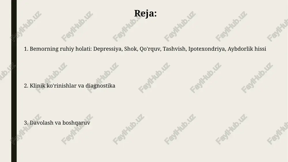 olini kamaytiradi. patologik qo'rquv esa kundalik hayotga xalaqit beruvchi haddan tashqari reaktsiyadir. patologik qo'rquvlar, fobiyalar, masalan agorafobiya, 6 oy yoki undan ko'proq davom etadi va bemorning funksionalligiga jiddiy ta'sir ko'rsatadi, shu bilan normal qo'rquvdan farqlanadi. aybdorlik hissi bilan ishlash texnikalari aybdorlik hissi bilan ishlashda kognitiv qayta qurish muhim. bunda 10/10 deb baholangan o'zingizga yuklagan aybingizni qayta ko'rib chiqish lozim. gumanistik yondashuv orqali, aybdorlikni yengish uchun, shaxsning o'zini qabul qilishi kerak. o'z-o'zini kechirishda 5 qadamli modeldan foydalanish mumkin. anksiyete: umumiy buzilish va boshqa turlari umumiy xavotirlik buzilishi (gad) doimiy, haddan tashqari xavotir va tashvish bilan xarakterlanadi, odatda 6 oydan ortiq davom etadi va kundalik hayotga sezilarli ta'sir ko'rsatadi. ijtimoiy xavotirlik buzilishi (ijtimoiy fobiya) ijtimoiy vaziyatlarda salbiy baholanishdan qo'rqish va sharmandalikdan qochish bilan bog'liq bo'lib, 13 yoshdan boshlanishi mumkin. shok holati: turlari, alomatlari va birinchi yordam shok alomatlariga tez yurak urishi (daqiqada 100 dan ortiq), past qon bosimi (90/60 mmhg dan past), …