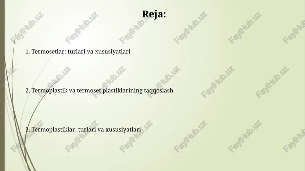 b qoladi, bu ularni avtomobil va aerokosmik sohalarida foydalanishga yaroqli qiladi. termoplastiklar va termoset plastiklarning qo'llanilishi akril (termoplastik) shishasimonligi va uv nurlanishiga chidamliligi sababli avtomobil chiroqlari (taxminan 30% bozor ulushi) va tashqi reklama plakatlarida (taxminan 40%) samarali ishlatiladi. termoset plastiklarning yuqori issiqlikka chidamliligi va mustahkamligi ularni avtomobil qismlarida (taxminan 15%) va elektronika korpuslarida (taxminan 25%), ayniqsa epoksi smolalaridan foydalanishni ommalashtiradi. termoset plastiklarning turlari va xususiyatlari poliuretanlar turli xil ko'rinishlarda (ko'pik, elastomer, qattiq plastmassa) mavjud bo'lib, izolyatsiya, yostiqlar va qoplamalar uchun keng qo'llaniladi, ularning fizik xususiyatlari formulaga bog'liq. epoksi smolalar yuqori kimyoviy qarshilik, issiqlikka chidamlilik (150-200 °c gacha) va mukammal yopish xususiyatlariga ega bo'lib, kompozit materiallar va qoplamalar uchun idealdir. termoplastiklarning afzalliklari va kamchiliklari termoplastiklar qayta ishlanishi va qayta shakllantirilishi oson, chunki ular issiqlik ta'sirida yumshaydi. bu ularni murakkab shakllarni yaratish uchun ideal qiladi, lekin yuqori haroratlarda 100 darajadan oshiq zaiflashishi mumkin. termoplastiklar termosetlarga nisbatan pastroq kimyoviy va issiqlik chidamliligiga ega. …