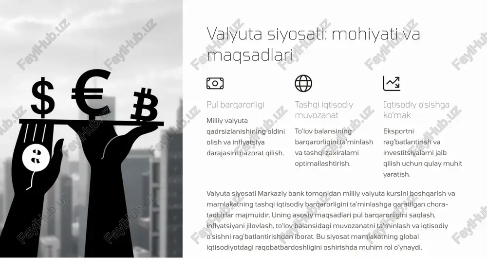 lari: turlari va xususiyatlari qat'iy valyuta kursi milliy valyuta kursini ma'lum bir xorijiy valyutaga (masalan, aqsh dollari) yoki valyutalar savatiga qat'iy bog'lash. bu rejim barqarorlikni ta'minlaydi, ammo markaziy bankning pul-kredit siyosatidagi mustaqilligini cheklaydi. moslashuvchan valyuta kursi valyuta kursi talab va taklif asosida erkin shakllanadi. bu rejimda markaziy bank valyuta bozoriga kamroq aralashadi, bu esa iqtisodiyotga tashqi shoklarga moslashish imkonini beradi, ammo kursning o'zgaruvchanligi yuqori bo'lishi mumkin. boshqariladigan suzuvchi kurs bu rejimda valyuta kursi bozor mexanizmlari orqali shakllanadi, ammo markaziy bank kursning keskin o'zgarishlarini yumshatish maqsadida intervensiyalar amalga oshirishi mumkin. bu ikki rejimning afzalliklarini birlashtiradi. valyuta kursi rejimlari mamlakat iqtisodiy sharoitlariga va ustuvor maqsadlariga qarab farqlanadi. har bir rejimning o'ziga xos afzalliklari va kamchiliklari mavjud. qat'iy kurs rejimi tashqi savdo uchun barqarorlikni ta'minlasa, moslashuvchan kurs rejimi iqtisodiyotga tashqi shoklarga tezroq moslashish imkonini beradi. boshqariladigan suzuvchi kurs esa bu ikki yondashuv o'rtasida muvozanatni topishga intiladi. 4 o'zbekiston respublikasi markaziy bankining valyuta siyosati …