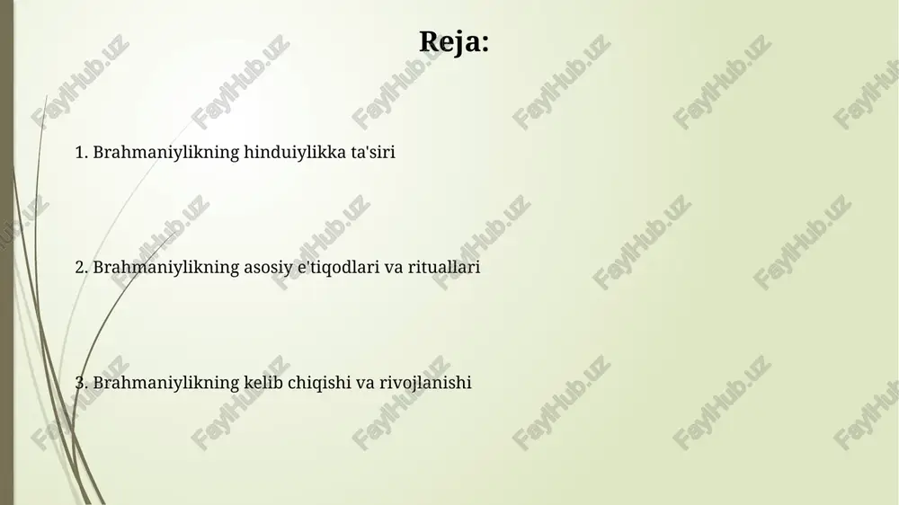 brahmanizm uchun asos bo'lgan. upanishadlar, veda adabiyotining bir qismi sifatida, brahmanizmda 'atman' (shaxsiy ruh) va 'brahman' (oliy ruh) tushunchalarini kiritdi. bu brahmanizmning falsafiy asosini yaratdi. falsafiy asoslar va asosiy tushunchalar brahmanizmning falsafiy asosi rigvedadagi kosmogonik g'oyalarga asoslangan bo'lib, unda 10-kitob, 129-gimn (nasadiya sukta) mavjud bo'lib, yaratilishning kelib chiqishi haqida spekulyatsiya qilinadi. karma qonuni, ya'ni har bir harakatning oqibati borligi, brahmanizmda muhim rol o'ynaydi, u keyingi hayotdagi taqdirni belgilaydi va samsara (tug'ilish va o'lim aylanishi) tushunchasi bilan bog'liq. e'tiboringiz uchun rahmat @taqdimot_robot image2.jpg image3.jpg image4.jpg image5.jpg image6.jpg image7.jpg