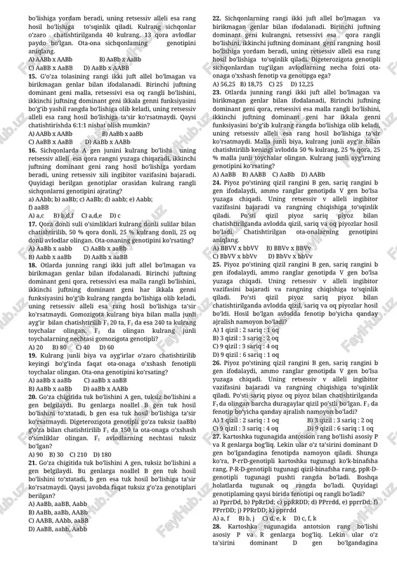 ning rangi ikki juft allel bo’lmagan va brikmagan genlar bilan ifodalanadi. birinchi juft allelning dominant geni patning rangli bo’lishini, uning retsessiv alleli esa oq bo’lishini belgilaydi. ikkinchi juft dominant gen patning rangli bo’lishiga to’sqinlik qiladi, uning retsessivi esa rangli bo’lishiga to’sqinlik qilmaydi. oq tovuq rangli xo’roz bilan chatishtirilganda 715 rangli va 716 oq jo’jalar olindi. tovuq, xo’roz va jo’jalaming genotipini aniqlang. a) ccli x ccii; ccii, ccii b) cell x ccii; ccii, ccli c) ccii x ccii; ccii, ccii d) ccii x ccii; ccii 6. suli o’simligida a gen donga qora beradi, b gen esa kulrang beradi,a gen b gen ustidan ingibitorlik qiladi. genotipda ikkala dominant genning bo’lmasligi donning ransiz bo’lishiga olib keladi. aabb x aabb genotipli o’simliklar o’zaro chatishtirilganda f1 da 450 ta kulrang donli sulilar olingan. qora donli sulilar sonini toping? a) 450 b) 150 c) 600 d) 300 7. piyozlarda po’stning qizil rangi a genga, sariq rangi …