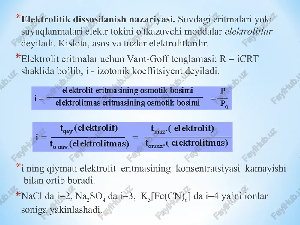 qtning o’zida 2 ta qarama - qarshi jarayon: molekulalarning ionlarga ajralishi dissosiasiya va ionlarning birikib molekulalar xosil qilishi - assosiasiya demakdir. elektrolit molekulalarning ionlarga ajralishi dissosiasiya tenglamasi bilan ifodalanadi. tenglamaning chap qismiga elektrolit molekulasining formulasi yoziladi, o’ng qismiga esa elektrolitik dissosilanish jarayonida bo’lgan ionlar yoziladi va (=) tenglik o’rniga, qarama - qarshilik belgisi () yoziladi. masalan: hno3 h+ + no3- koh  k+ + oh- nano3  na+ + no3- suvdagi eritmalarida ionlarga to'liq ajraladigan elektrolitlar kuchli elektrolitlar deyiladi. ular jumlasiga hclo4, hcl va boshqa kislotalar, nbuh, koh, ca(oh)2, ba(oh)2 kabi asoslar va deyarli barcha tuzlar kiradi. suvdagi eritmalarda qisman dissosiyalanib juda oz miqdorda ionlar hosil qiluvchi elektrolitlar kuchsiz elektrolitlar deyiladi. ular jumlasiga kuchsiz kislotalar (ch3cooh, h2s, h2co3, hcl,) qiyin eruvchi asoslar, shuningdek nh4oh va ba'zi tuzlar kiradi. dissosilanish darajasi. erigan moddalar yoki eritmadagi elektrolit miqdorining qancha qismi ionlarga ajralganligini ko'rsatuvchi kattalik elektrolitik dissosilanish darajasi deyiladi va  harfi bilan …
