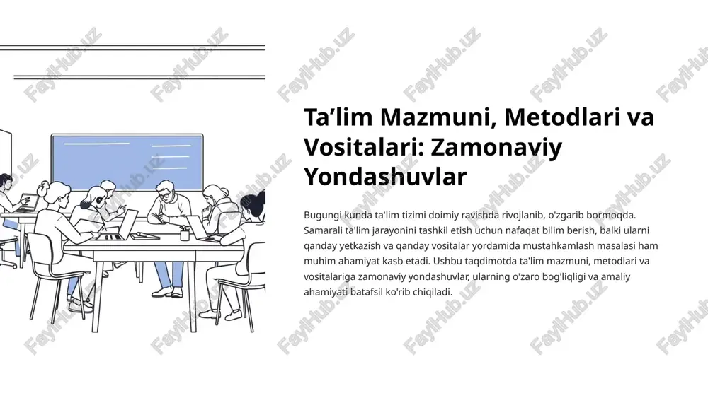 i ta'minlaydi. 4 ta'lim metodlarining asosiy turlari an'anaviy metodlar og‘zaki bayon (ma'ruza, suhbat) ko‘rgazmali (rasm, jadval, model) amaliy (mashqlar, laboratoriya ishlari) kitob bilan ishlash faoliyatga yo‘naltirilgan metodlar muammoli bayon etish tadqiqotchilik evristik (qisman izlanish) loyihaviy ishlar maqsadga ko‘ra metodlar yangi bilimlarni o‘rganish ko‘nikma shakllantirish amaliy qo‘llash nazorat va baholash har bir metodning o'ziga xos afzalliklari va kamchiliklari bor. o'qituvchi o'quv jarayonining maqsadidan kelib chiqqan holda, ulardan eng mosini tanlashi lozim. 5 ta'lim vositalari: ta'lim jarayonini qo‘llab-quvvatlash ta'lim vositalari – bu o‘qitish jarayonida foydalaniladigan qurilmalar, materiallar va texnologiyalar bo'lib, ular o'quvchilarga bilimlarni vizual, audio va interaktiv tarzda o'zlashtirishga yordam beradi. zamonaviy ta'limda vositalarning o'rni tobora ortib bormoqda. eng keng tarqalgan ta'lim vositalari: multimedia vositalari: audio va video materiallar, animatsiyalar, virtual sayohatlar. interaktiv qurilmalar: interaktiv doskalar, planshetlar, sensorli ekranlar. elektron resurslar: elektron darsliklar, onlayn platformalar, ta'lim ilovalari, o'quv portallari. kompyuter texnologiyalari: dasturiy ta'minotlar, simulyatsiyalar, o'yinlar. an'anaviy vositalar: darsliklar, ko'rgazmali qurollar, plakatlar. 6 …