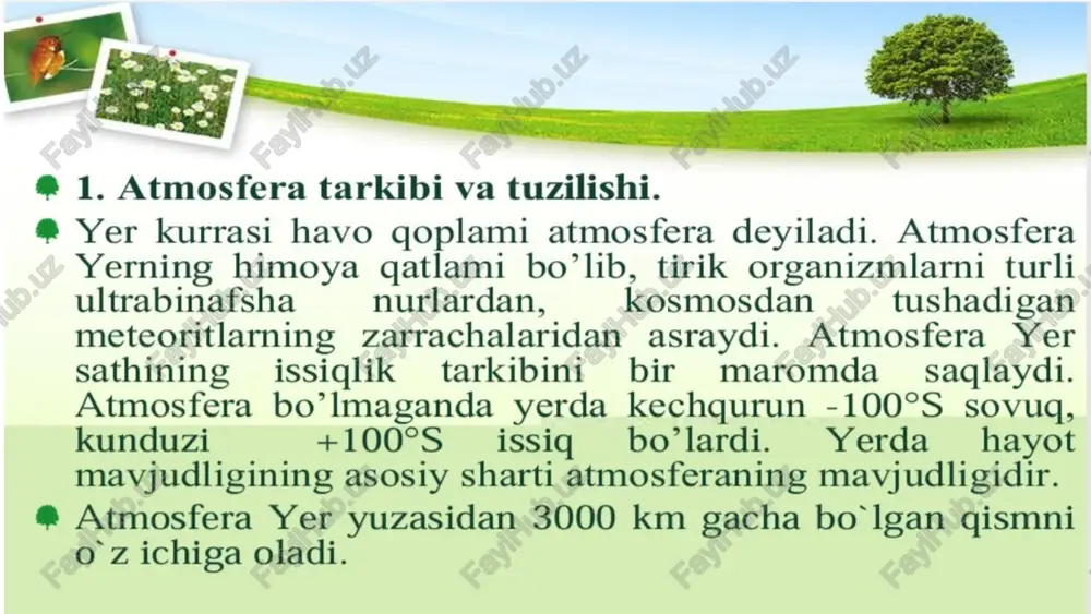 rishga yordam beradi, sayyorani sovutadi va suv aylanishiga ta'sir qiladi. atmosferadagi suv bug'ining ahamiyatini tushunish ob-havo sharoitlarini bashorat qilish, iqlim o'zgarishini o'rganish va suv resurslarini boshqarish strategiyasini takomillashtirish uchun juda muhimdir. 1 2 3 bulutni shakllantirish jarayoni bulutlar paydo bo'lishi okeanlar, ko'llar va daryolardan suv bug'langanda boshlanadi. bug'langan suv bug'i atmosferaga ko'tariladi va soviydi, mayda suv tomchilari yoki muz kristallarini hosil qiladi. suv tomchilari yoki muz kristallari birlashib, kattalashib, bulutlarni hosil qiladi. harorat, havo bosimi va namlik darajasi kabi omillar bulutlarning turi va ko'rinishini aniqlashda hal qiluvchi rol o'ynaydi. sirrus, stratus va kumulus kabi bulutlarning har xil turlari bulut hosil bo'lish jarayonlari orqali hosil bo'ladi. bu bulutlar yerning iqlim tizimi va ob-havo sharoitlarida muhim rol o'ynaydi. atmosferadagi bulutlarning turlari atmosferada suv turli shakllarda mavjud bo'lib, ulardan biri bulutlardir. bulutlar havoda suzuvchi mayda suv tomchilari yoki muz kristallaridan iborat. atmosferada turli xil bulutlar mavjud bo'lib, ularning ko'rinishi va balandligiga qarab tasniflanadi. …