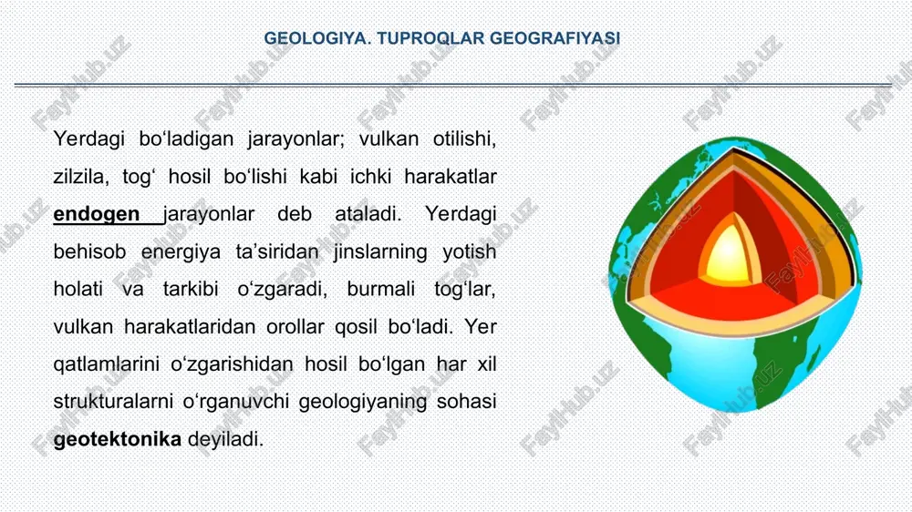 ho‘kadigan jins qatlamlarning yotishi shu joyga moslashib qiya yoki gorizontal bo‘ladi. geologiya. tuproqlar geografiyasi yer po‘stida hosil bo‘lgan cho‘kindilar qatlamlar shaklida yotadi. qatlam deb usti va osti tomonidan chegaralanuvchi yuza bilan ajralgan, bir xil tarkibdan iborat bo‘lgan yaxlit yotqiziqqa aytiladi. qatlamning usti va ostki chegarasini birlashtiruvchi tik chiziqning uzunligi qavatni haqiqiy qalinligiga teng bo‘ladi. qavatning yer yuzasiga chiqib turgan qismi ko‘ringan qalinlik deyiladi. geologiya. tuproqlar geografiyasi * geologiya. tuproqlar geografiyasi yer po‘stida tebranma-epeyrogen harakatlar. bizga qattiq va mustahkam bo‘lib ko‘ringan yer po‘stining ba’zi joylari ko‘tarilib, boshqa joylari esa, asta-sekin cho‘kib, ya’ni tebranib turadi. yer po‘stining bunday harakati epeyrogen harakat, jarayonning o‘zi esa epeyrogenezim (grekcha-tug‘ilish) jarayoni deb ataladi. asriy tebranishlar yer yuzasining keng maydonida sodir bo‘ladi. geologiya. tuproqlar geografiyasi dengiz yotqiziqlarini qatlami hamma qit’alarda topilishi va ularning yotqiziqlari bilan qoplanganligi o‘tgan geologik davrlarda birnecha marta yer po‘stida asriy tebranishlari bo‘lganligidan darak beradi. bu harakatlar hozir ham davom etmoqda. epeyrogen harakatlar qirg‘oq …