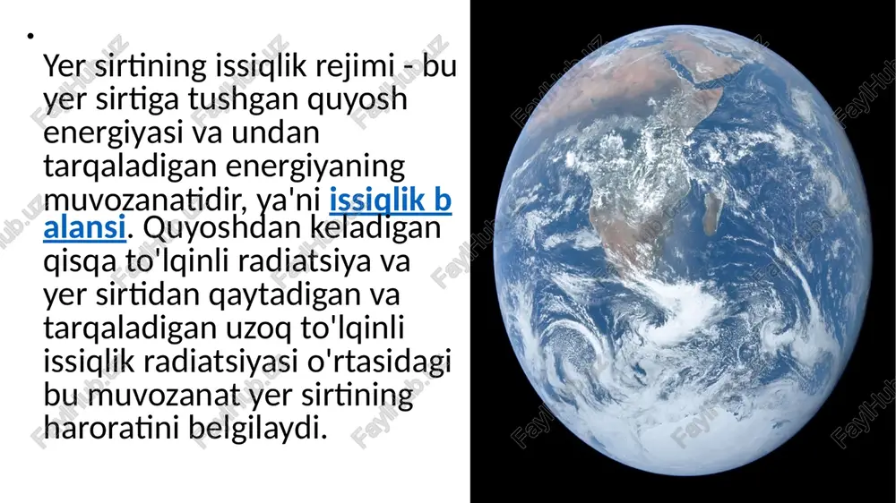 ataladi. si tizimida uning o’lchov birligi j/m 2 *s yoki vt/m 2 . o’z navbatida nurlanayotgan jism atrofdagi jismlardan kelayotgan energiyani yutadi. jism va atrof-muhit orasida nurlangan va yutilgan energiya farqlari bilan belgilanadigan nurli issiqlik almashinuvi yuzaga keladi. issiqlik muvozanatida issiqlik kelishi uning yo’qotilishi bilan muvozanatda bo’ladi. yer shari nurli muvozanat holatida bo’ladi, chunki u quyosh radiasiyasini yutadi va nurlanishi orqali yo’qotadi. radiasiya nurlayotgan jism soviydi, ya’ni uning ichki energiyasi nurli energiyaga aylanadi. radiasiya yutilishida esa nurli energiya ichki energiya, keyinchalik esa energiyaning boshqa turlariga aylanadi. jismlarning yutish va nurlash xossalari mutlaq qora jismga taalluqli kirxgof, plank, vin va stefan-bolsman qonunlari bilan tavsiflanadi. to’lqin uzunligidan qathiy nazar kelayotgan radiasiyani butunlay yutadigan jism mutlaq qora jism deb ataladi. quyosh radiasiyasi spektrini shartli ravishda bir necha qismlarga bo’lish mumkin. 0,10,39 mkm to’lqinlar diapazonidagi radiasiya – ulg’trabinafsha radiasiya deb nomlanadi. bu diapazondagi radiasiyaga quyosh radiasiyaning 9% energiyasi to’g’ri keladi. ko’rinuvchan radiasiya 0,40 dan …